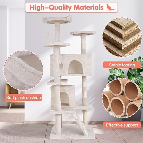 Miniatura 2 de Torre de escalada para gatos de 54 pulgadas con poste rascador perca para casa para gatos condominio de madera para gatos torre de árbol para gatos