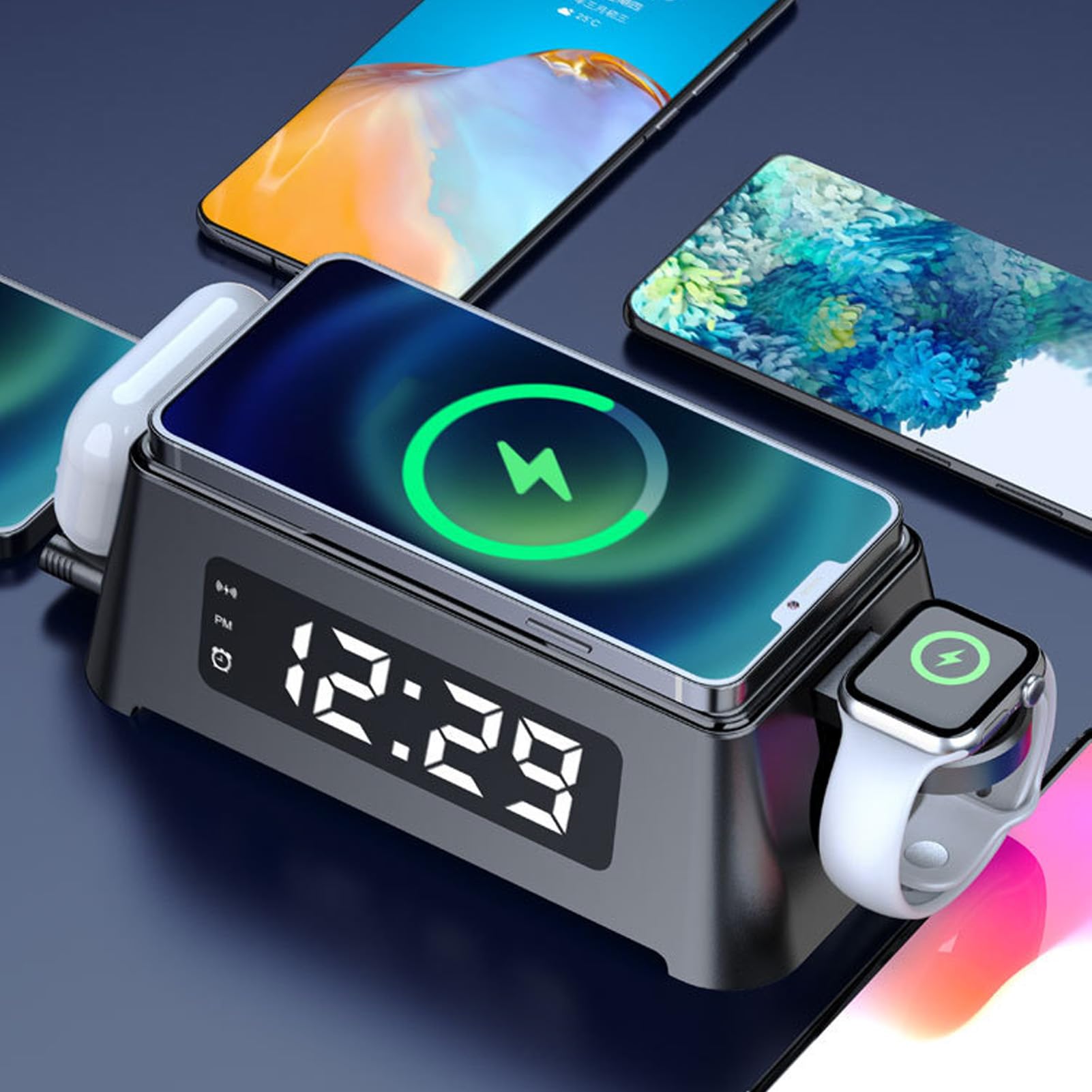 Cryfokt 6 in 1 Wireless Charging Station with Clock and Display | Supporta auricolari, ricarica smartwatch, display LED chiaro, design compatto, controlli di navigazione semplici