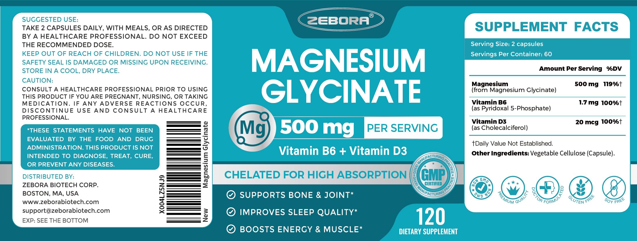 ZEBORA Magnesium Glycinate 500mg with Vitamins B6 & D3, 120 Capsules — Amazon image 9