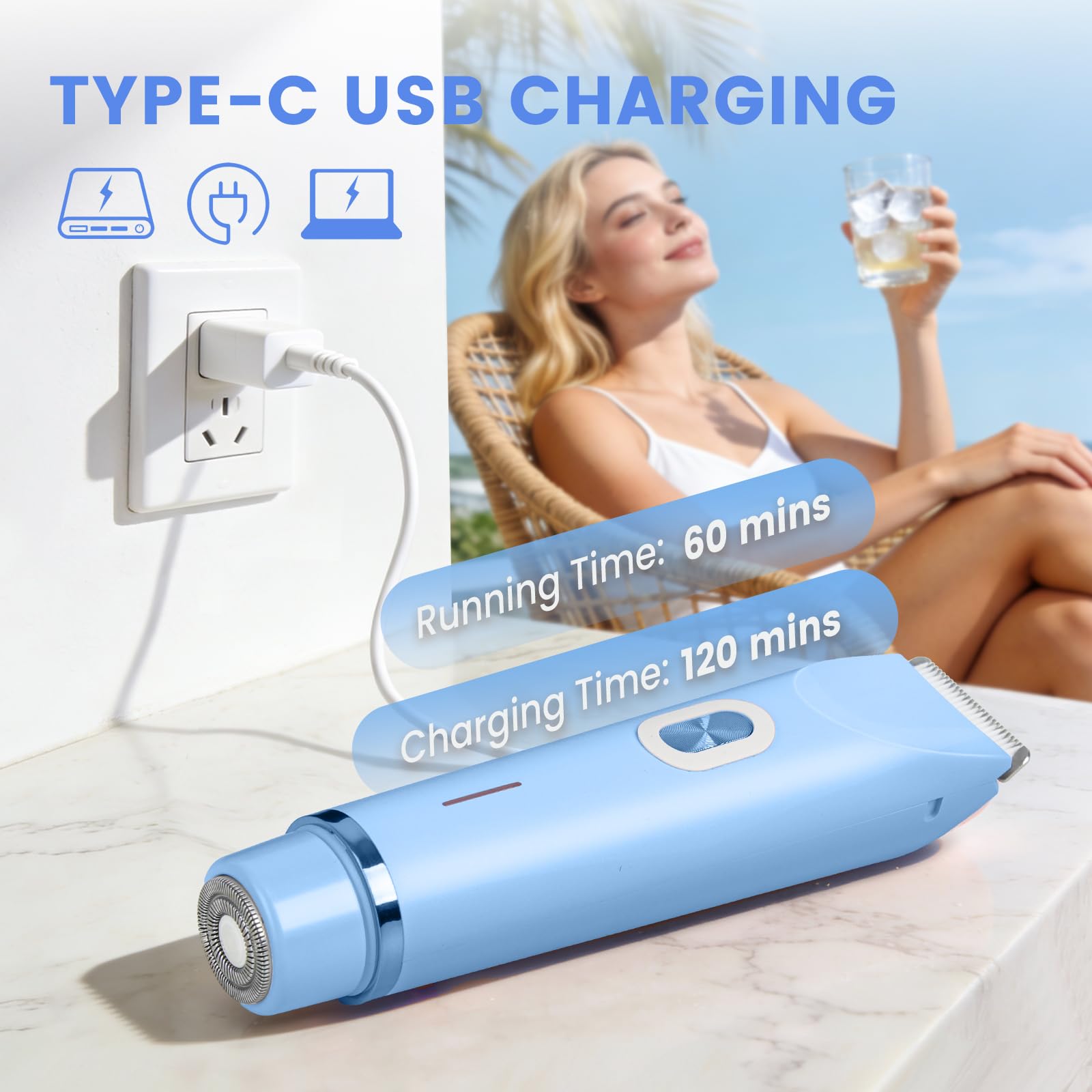 Rasoio intimo da donna, 2 in 1 Dual Head Shaver con ricarica USB-C, rasoio elettrico da donna per viso, gambe e braccia, rasoio da donna con testa di taglio impermeabile, facile da pulire