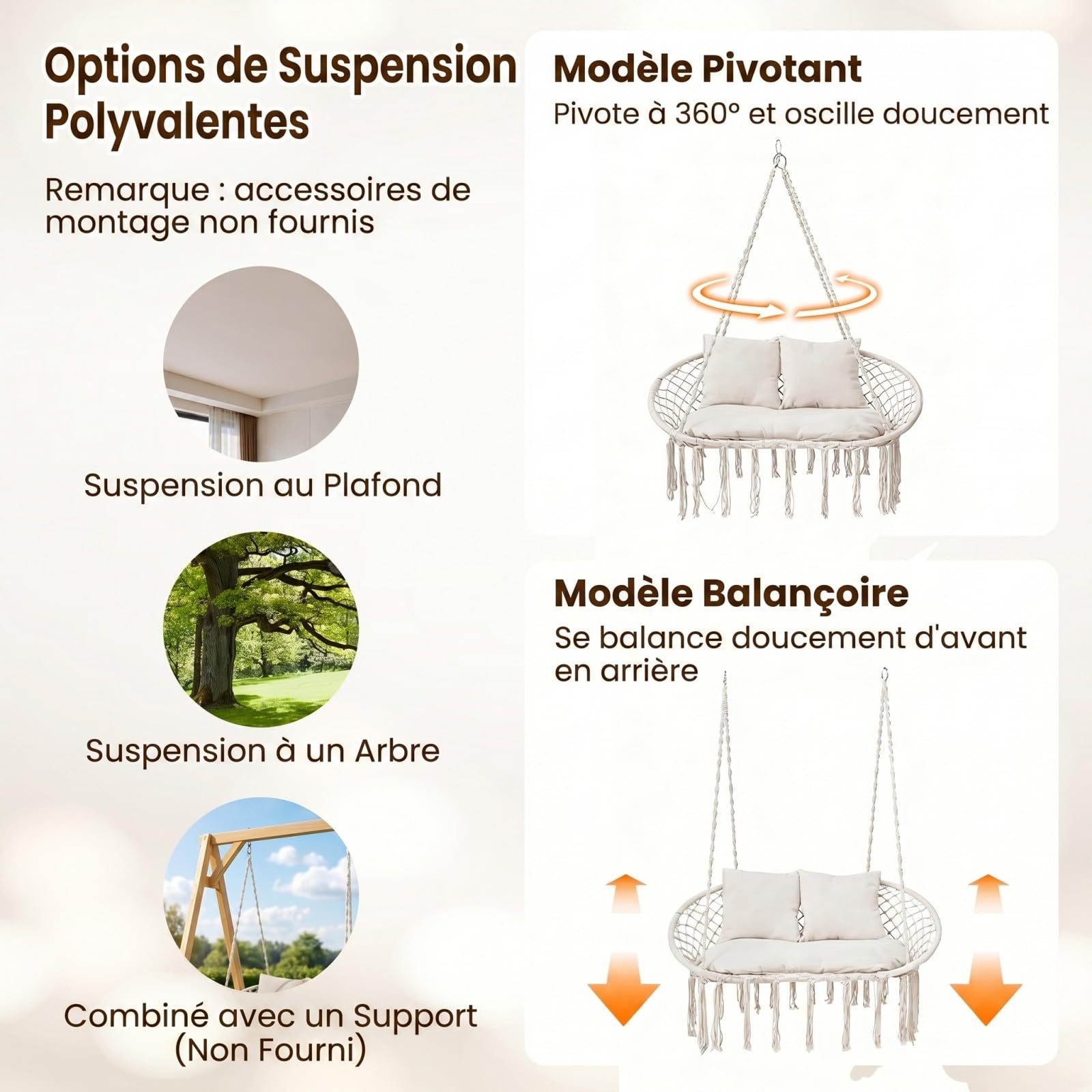 COSTWAY Fauteuil Suspendu 2 Personnes avec 3 Coussins, Charge 250 kg