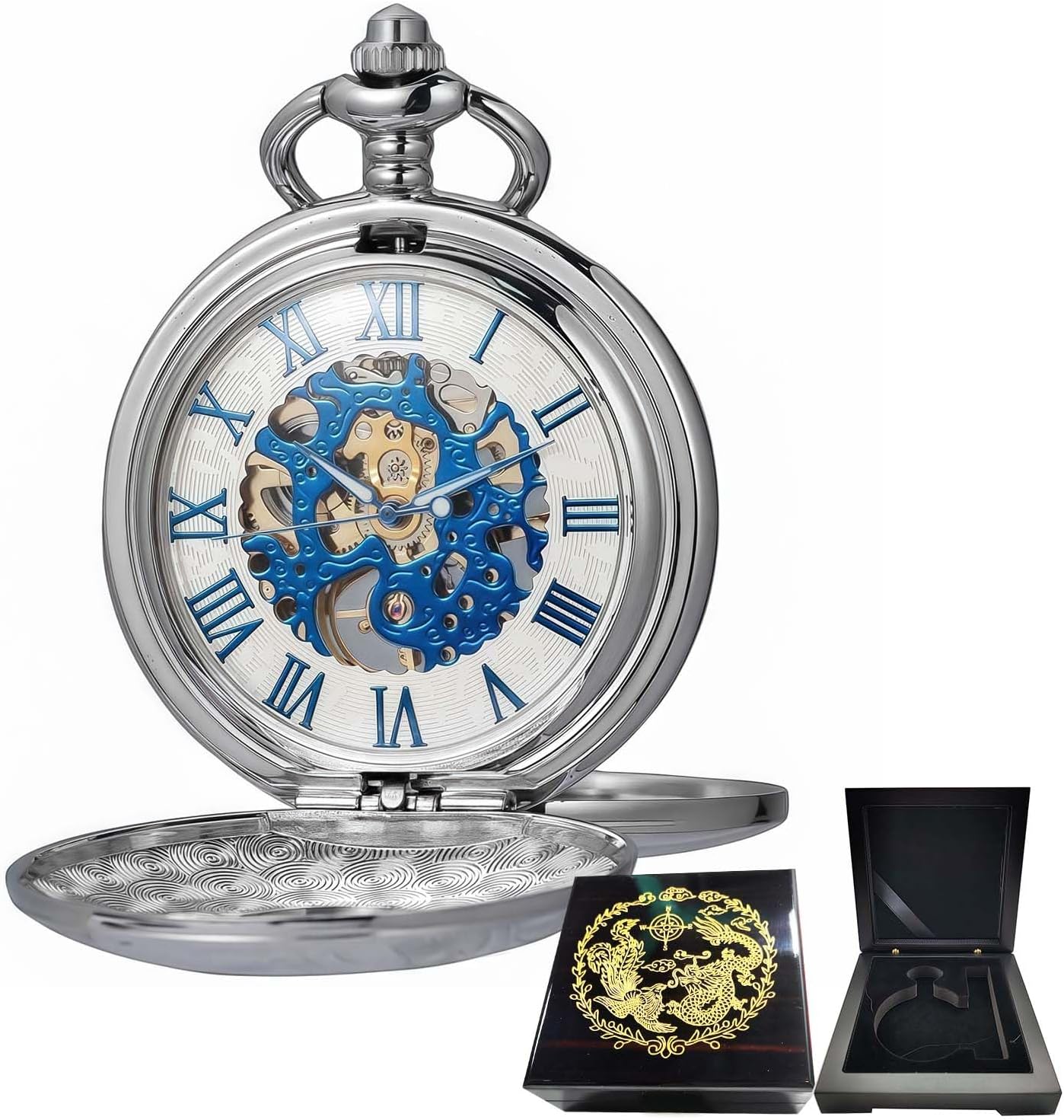Mechanical Roman Numerals Dial Skeleton Pocket Watches with Luxury Wooden Box and Chains for Mens Women Black Silver