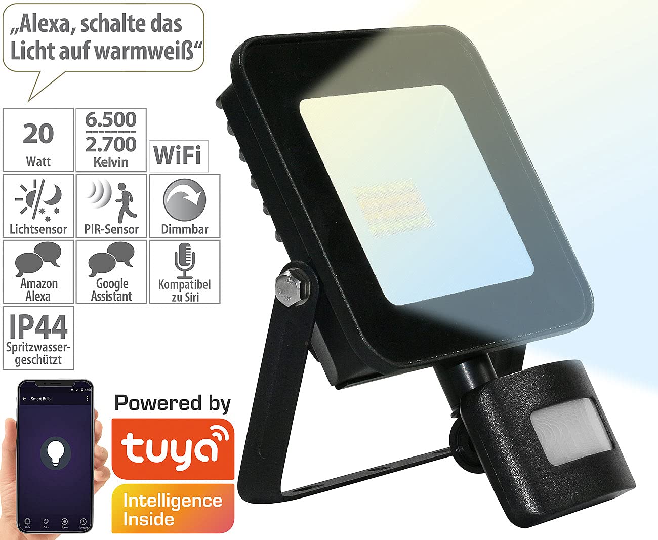 Luminea Home Control proiettore CCT: Set da 4 WLAN-LED-Floodlight, CCT-LED, sensore di movimento PIR (proiettore da interno, faretto WLAN)