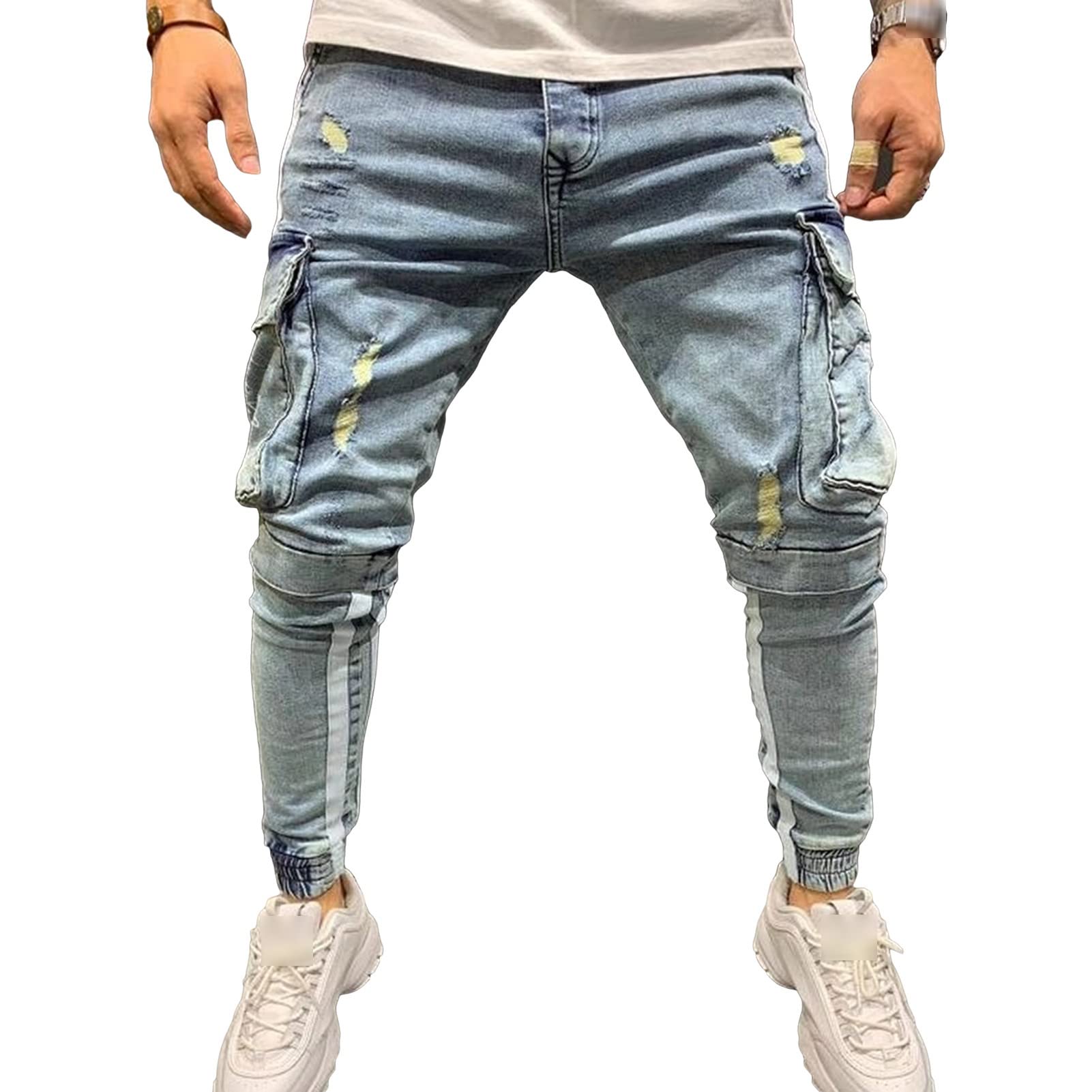 Maiyifu-GJ Men's Multi Pockets Ripped Jeans Destroyed Skinny Denim Pencil Pants Side Stripe Slim Jean Trousers with Holes (Light Blue,X-Large)