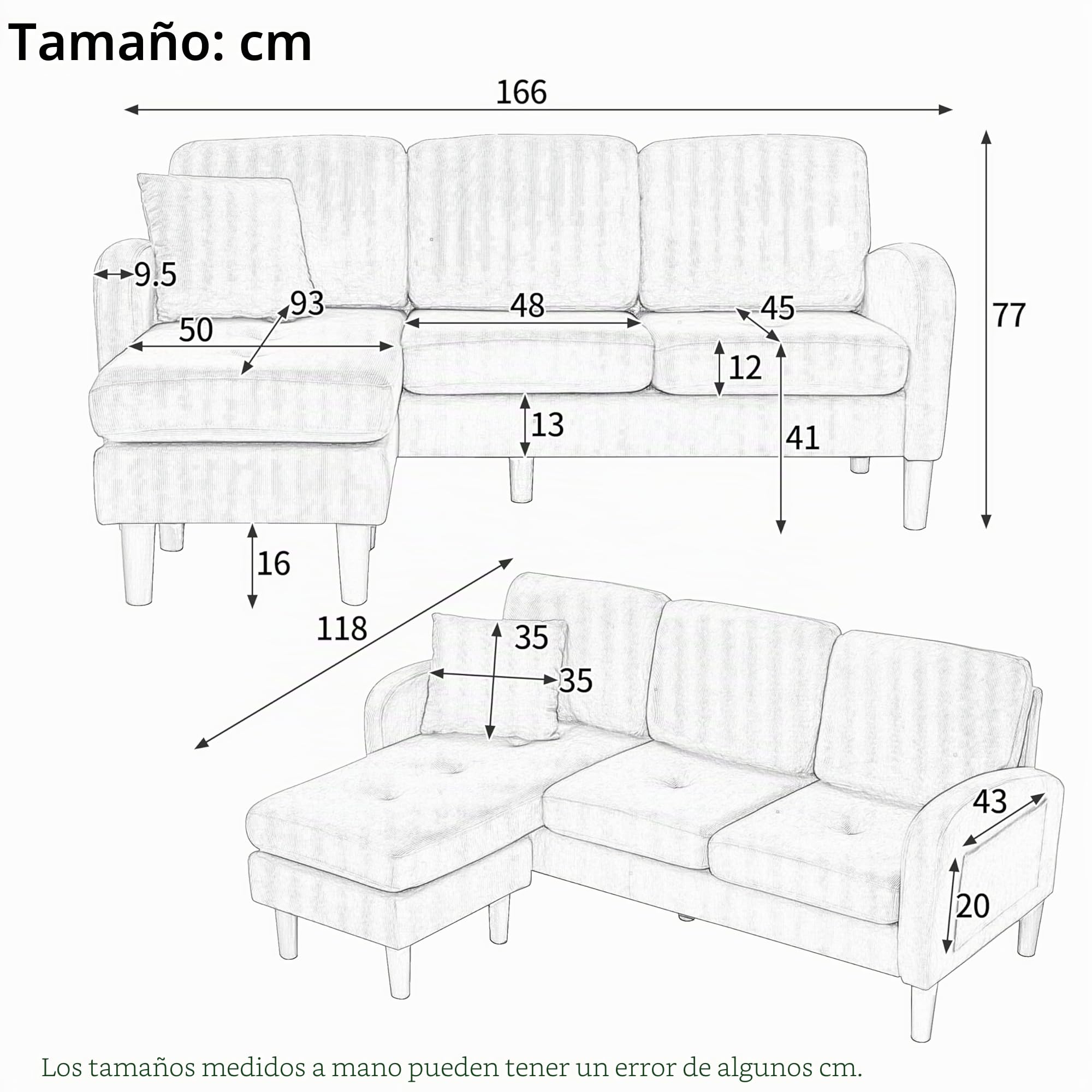 Lexiou 166 x 118 x 77 cm, sofá esquinero en forma de L con chaise longue, sofá de 3 plazas, tejido de cuerda, patas de plástico, diseño modular, ideal para salón, apartamentos y oficinas