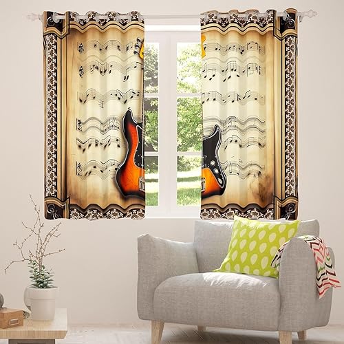 Miniatura 4 de Castle Fairy Cortina musical rústica para ventana, con impresión de instrumentos de bajo y guitarra, para decoración de dormitorio, cortinas de