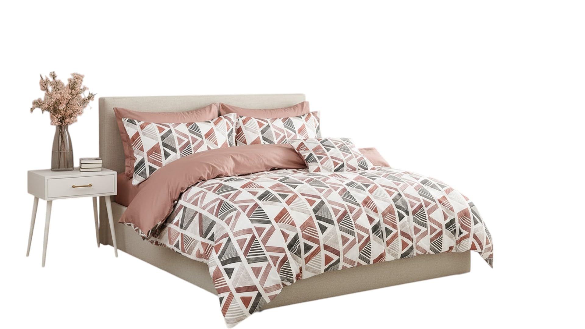 Geometric Triangle Print Comforter Bedding Set, Pink & Grey | Duvet with Pillow Covers, Boho Tribal Pattern, Bedroom Decor, Reversible Design, Soft Bed Linen-image-3