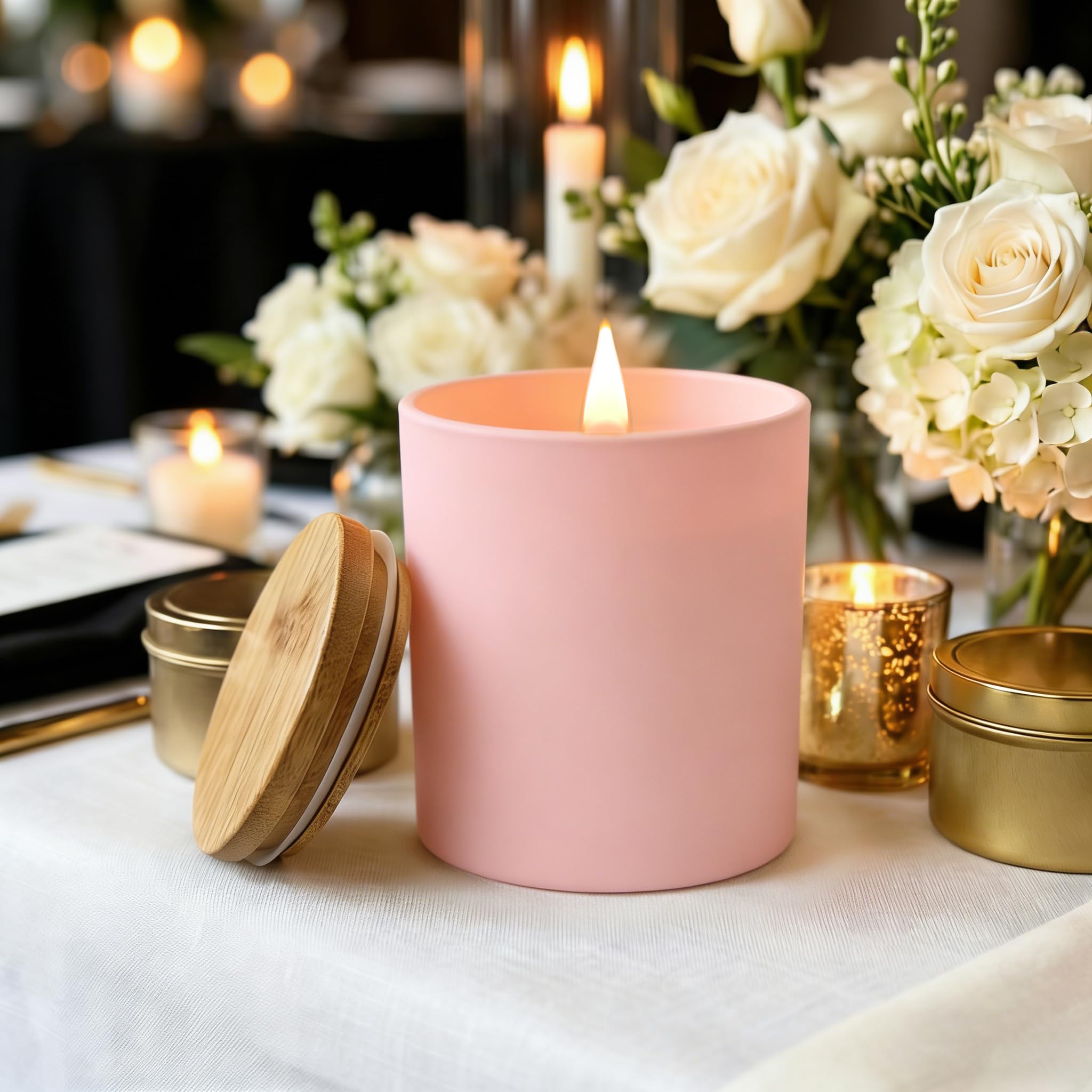 12 barattoli per candele per realizzare candele, in vetro spesso 295 ml, vuoti, con coperchi in bambù, sfuso, rosa opaco