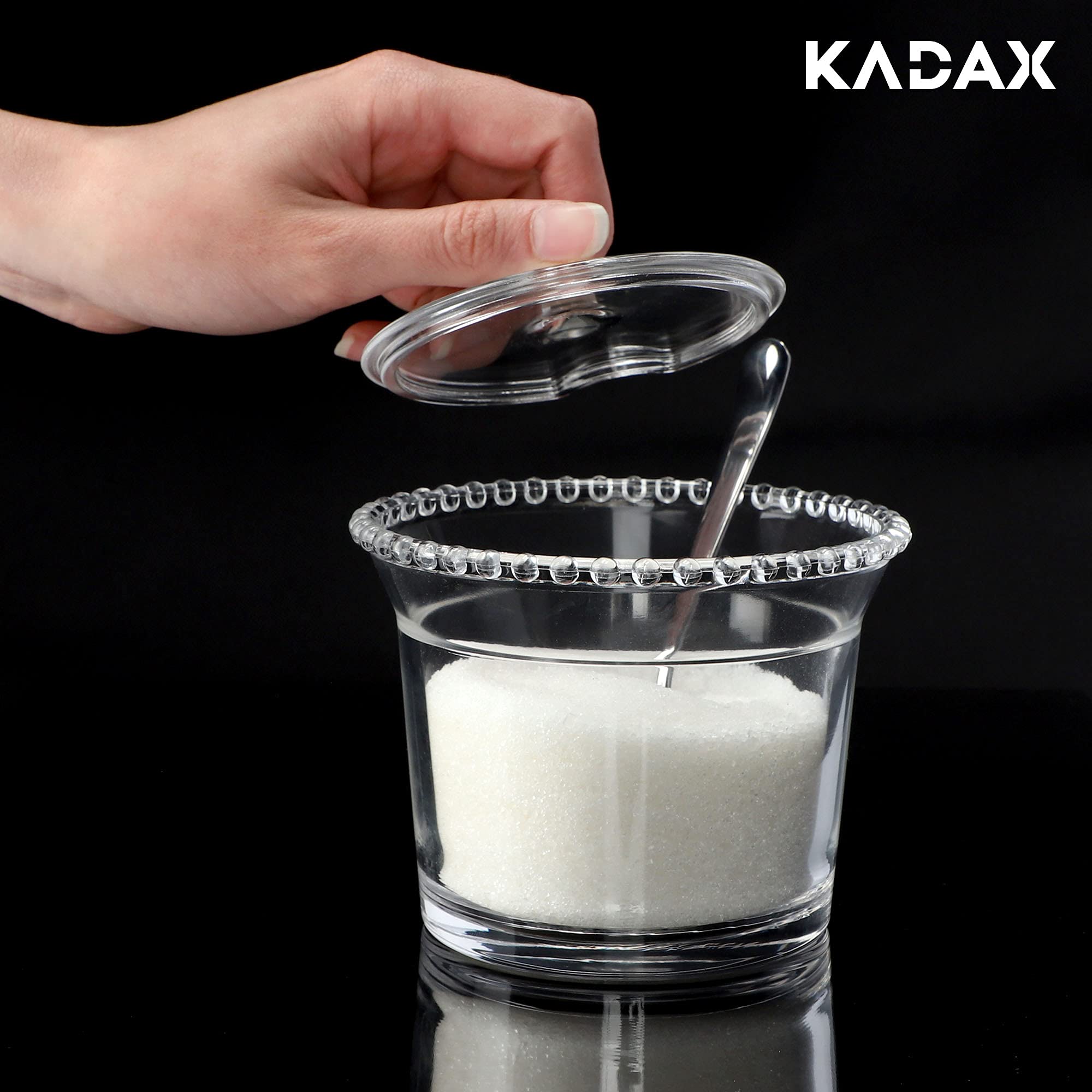 KADAX ADAX Zuccheriera in vetro, contenitore per spezie con coperchio ergonomico, contenitore in vetro trasparente per zucchero, portaspezie con base rinforzata (rotondo, con sfere)