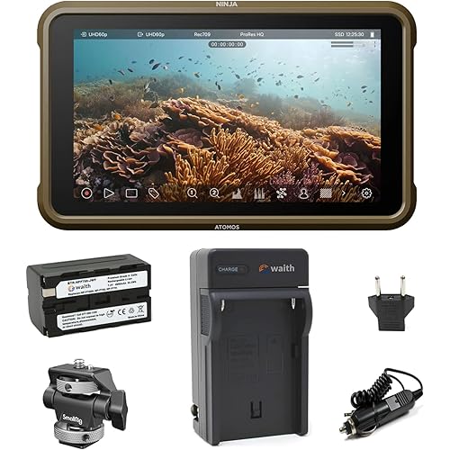 Atomos Ninja 5.2" Touchscreen Display 4K HDMI Recording Monitor with Waith Power Battery + Charger Combo (NP-F750), Swivel and Tilt Adjustable Monitor Mount Bundle Set