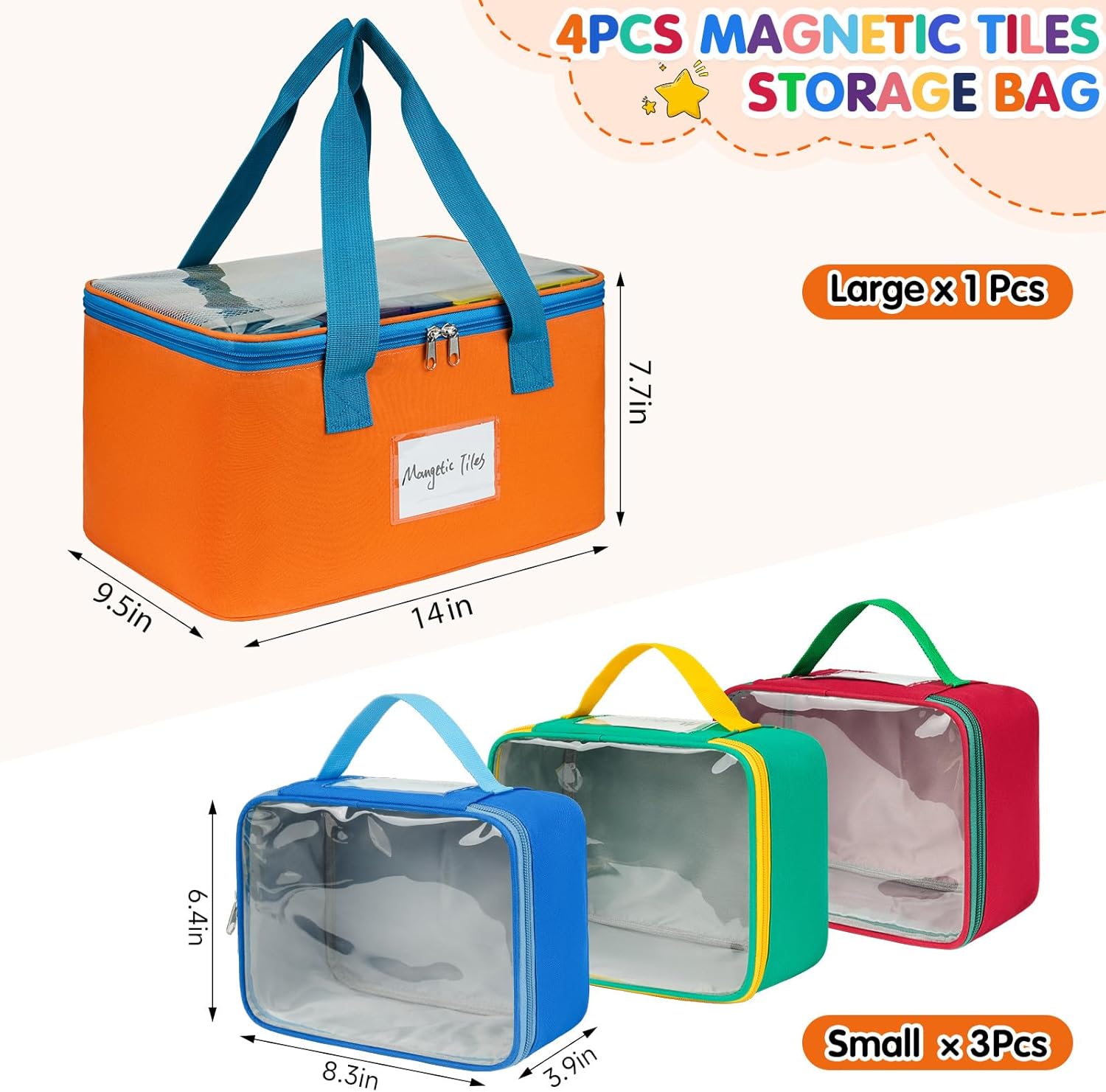 4 Packs Magnetic Tiles Storage Bags,Magnetic Tiles Storage Bin,Toy Organizer Case with Mesh Pocket and Tag Pocket for Magnet Building Tiles,Board Game,Puzzle and Lego Bricks