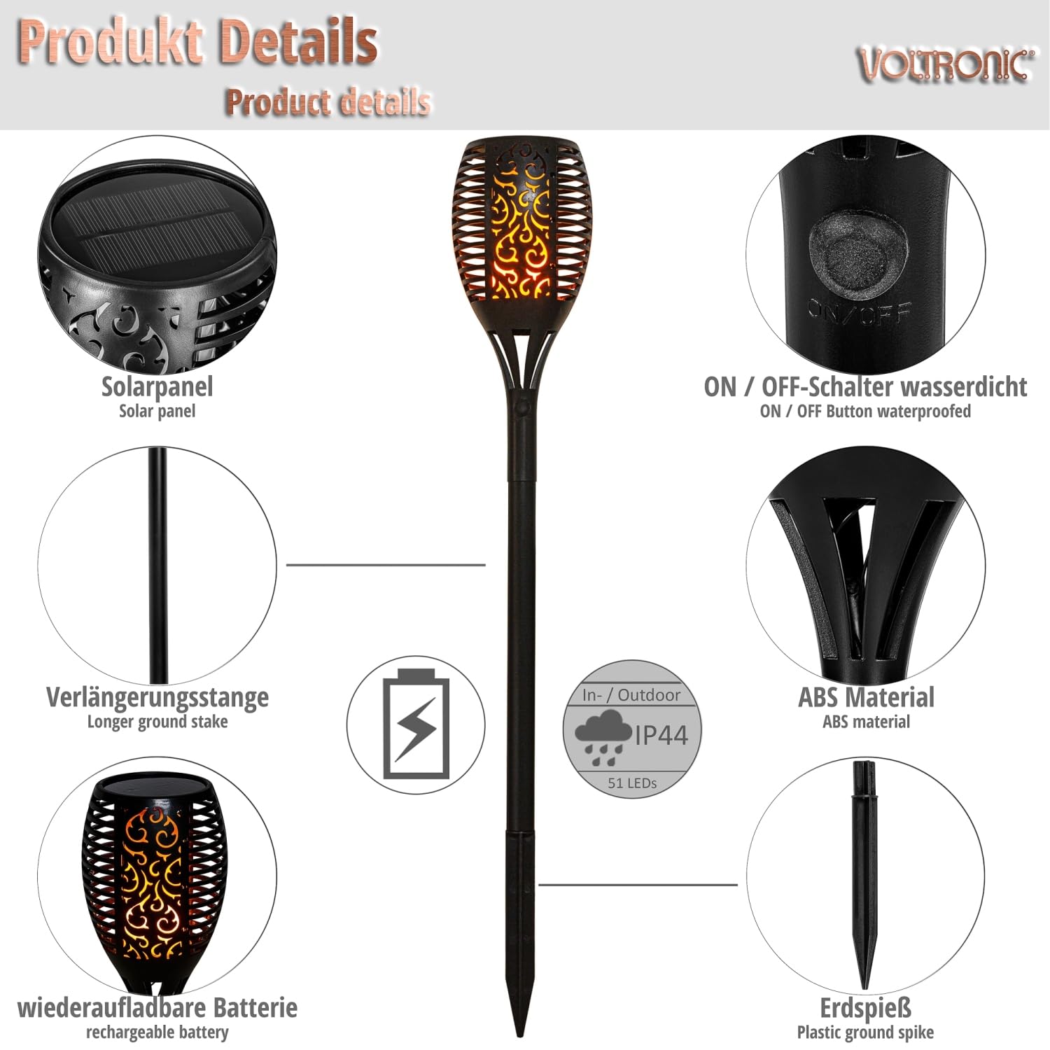 VOLTRONIC Solar Gartenfackel 51 LEDs, innen und außen, IP44, Wandhalterung, Erdspieß, Setwahl, 4er Set