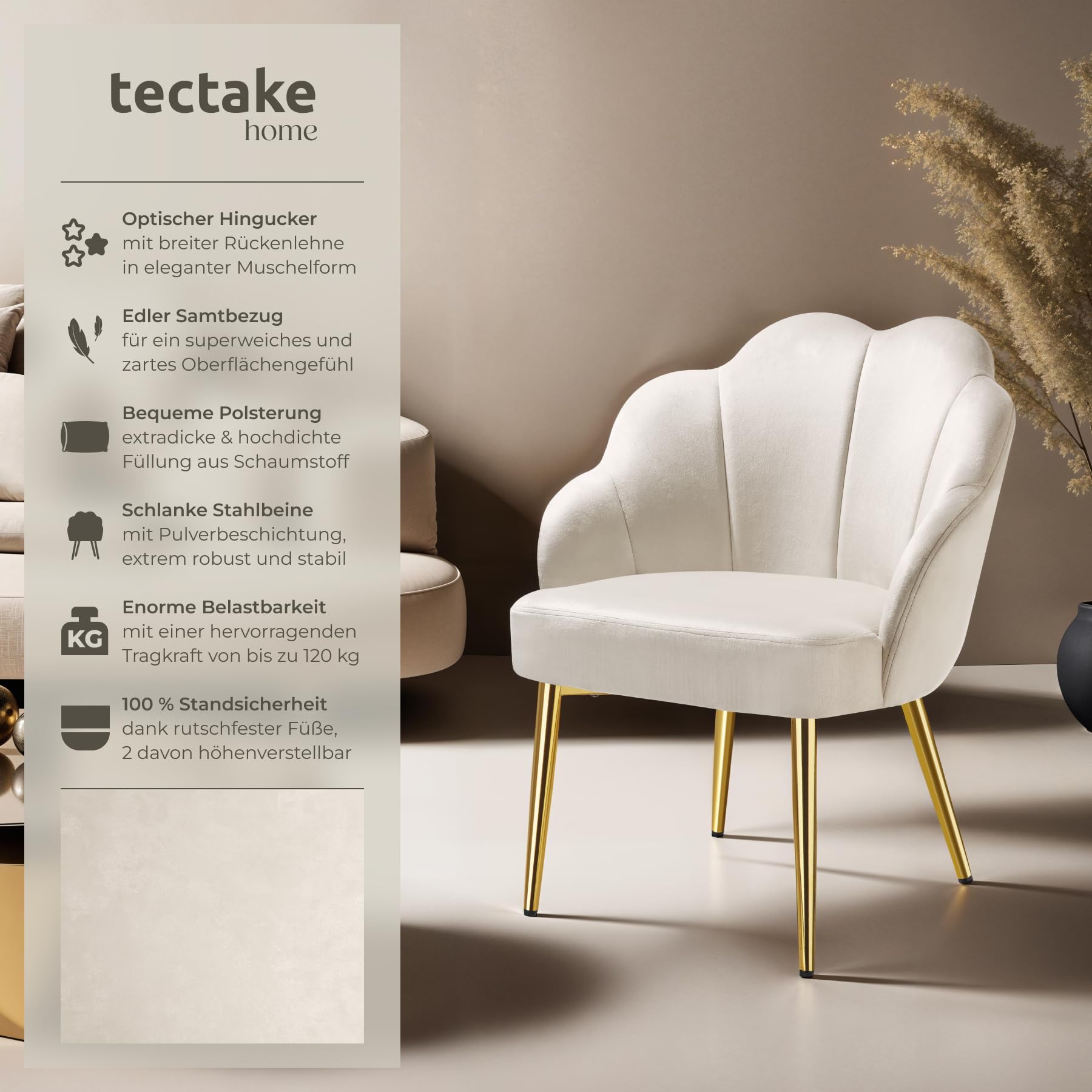 tectake® Cocktailsessel in Muschelform, Samt Stuhl mit Armlehne, Sessel Wohnzimmer, Loungesessel, Stühle Esszimmer, Relaxsessel, Sessel Schlafzimmer, Deko Zimmer, Lesesessel - créme/Gold, 1 Stuhl