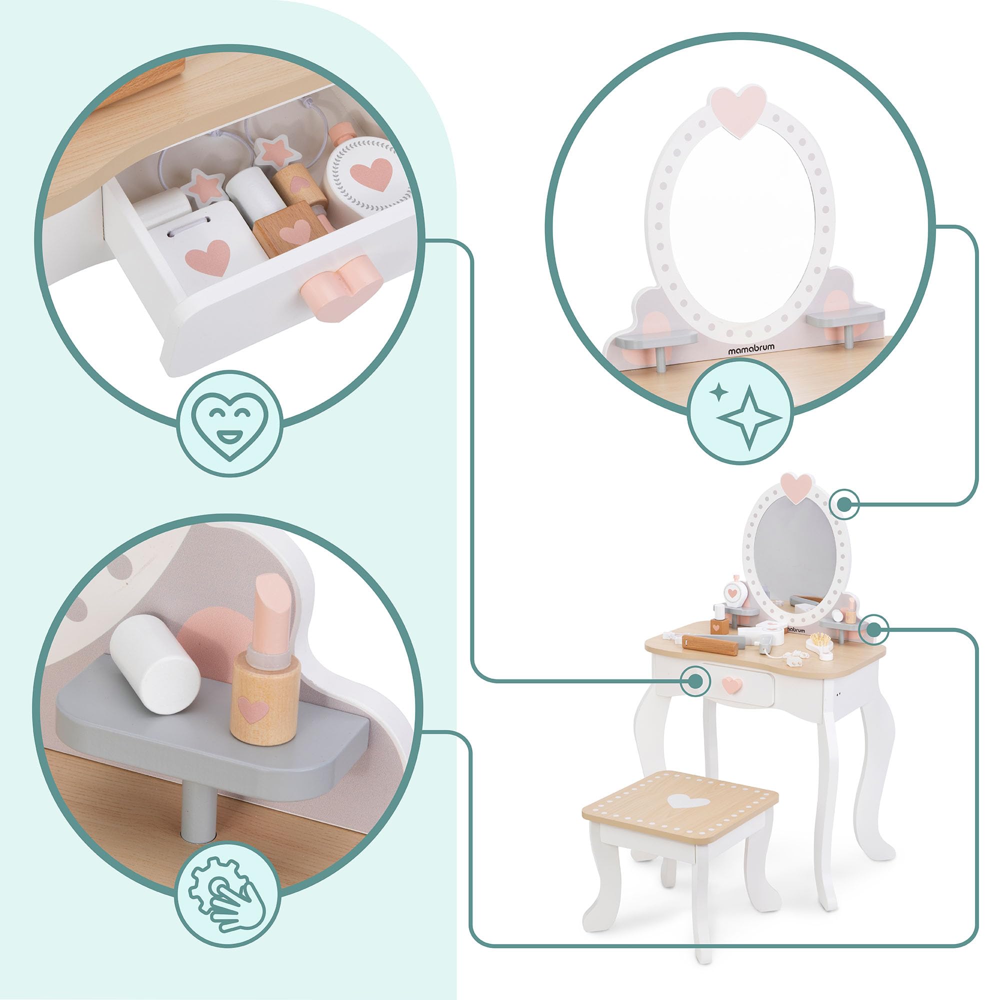 mamabrum Makeup Dreeser - Maquillaje de Madera Dresser para Niñas - Vanidad,Perfume, Esmalte de uñas, Cepillo, Lazos para el Pelo y Mesa de Maquillaje Estación de Maquillaje Niña Pequeña