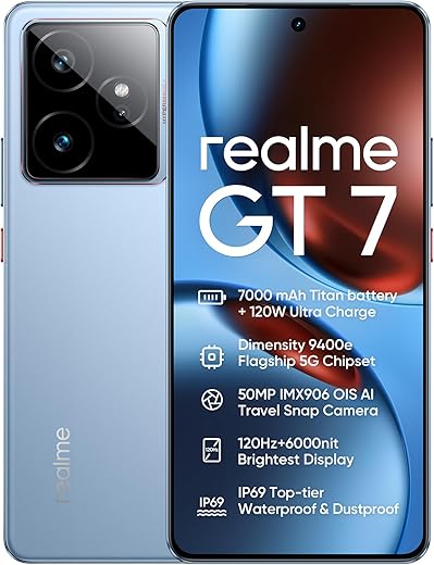 realme GT7 5G Smartphone, 12 GB+256 GB, Densità 9400e Flagship 5G Chipset, 7000 mAh batteria, 120 W di carica, 50MP IMX906 OIS della macchina fotografica, 120 Hz 6000nit Display, IP69, Blue rr