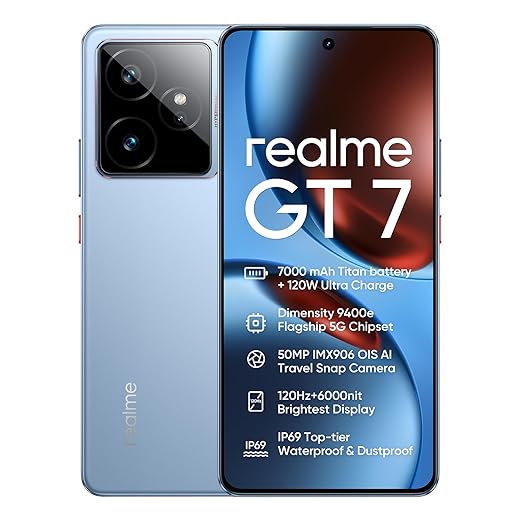 realme GT7 5G Smartphone, 12 GB+256 GB, Densità 9400e Flagship 5G Chipset, 7000 mAh batteria, 120 W di carica, 50MP IMX906 OIS della macchina fotografica, 120 Hz 6000nit Display, IP69, Blue rr
