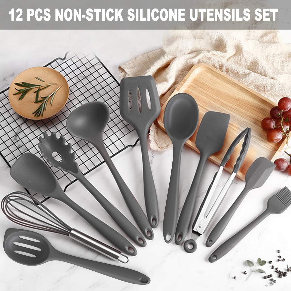 Silicone Kitchen Cooking Utensil Set, Umite Chef 12PCS Kitchen Utensils Spatula Set with Holder for Nonstick Cookware, BPA Free Non Toxic Cooking Gadgets Utensils Set, Kitchen Tools Gift(Gray)