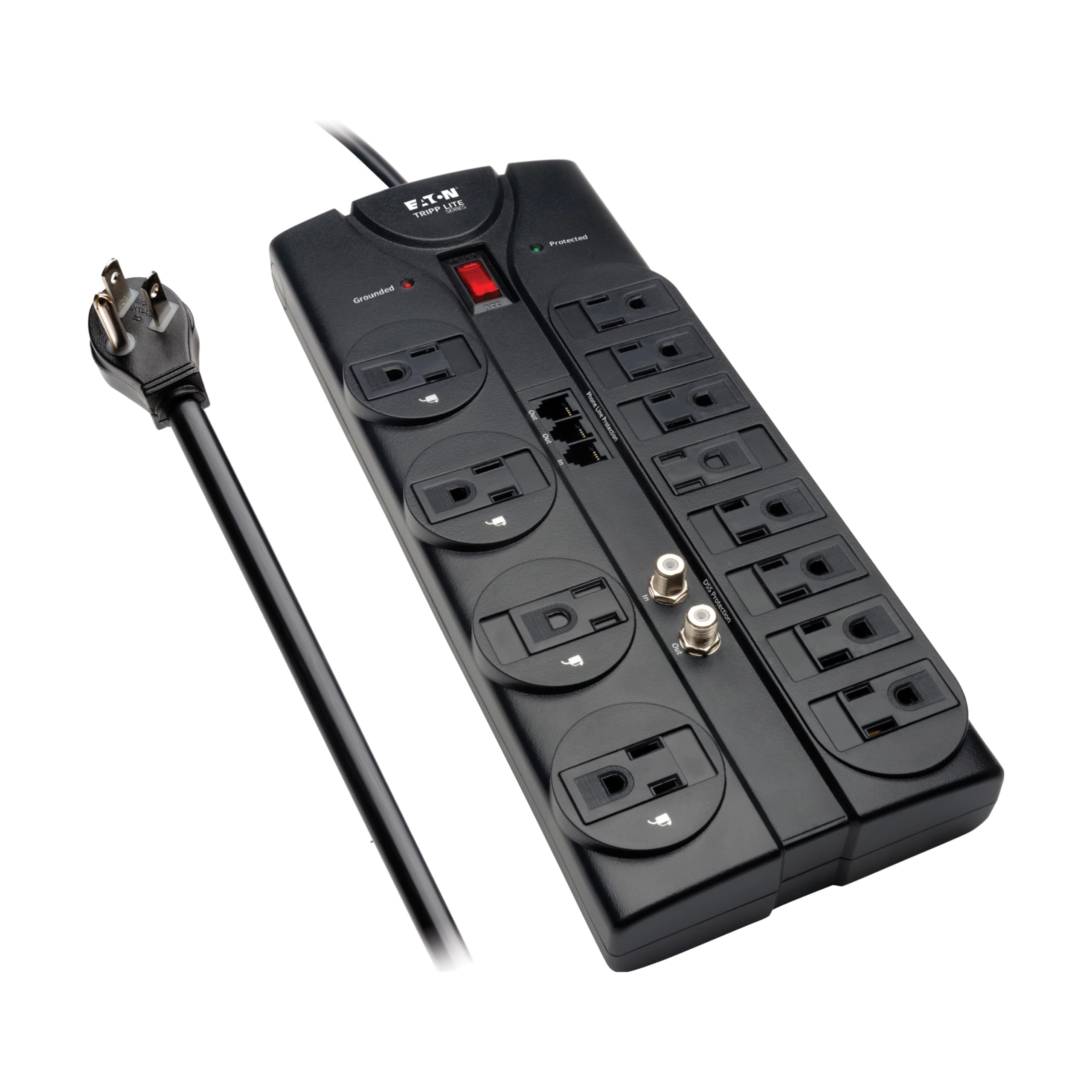 Eaton Tripp Lite TLP1208TELTV Home Theater Surge Protector Power Strip, 12 Outlets, Flat Plug 8ft Extension Cord, 2160 Joules| Coax and RJ11 Ports for Phone Land Line, TV, and WiFi Router Protection