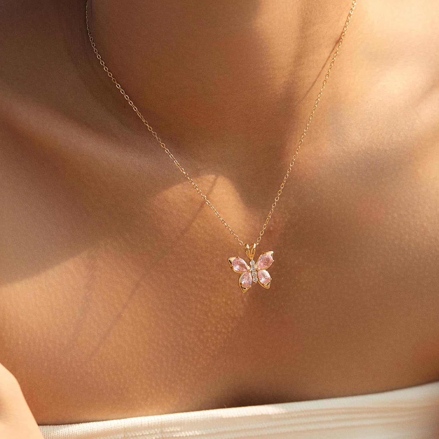 18K Gold Plated Butterfly Necklace for Women Non Tarnish 18K Gold Plated Cubic Zirconia Butterfly Pendant Necklace Dainty Lightweight Gold Pendant Necklaces Jewelry Gifts Trendy Stuff - Image 2