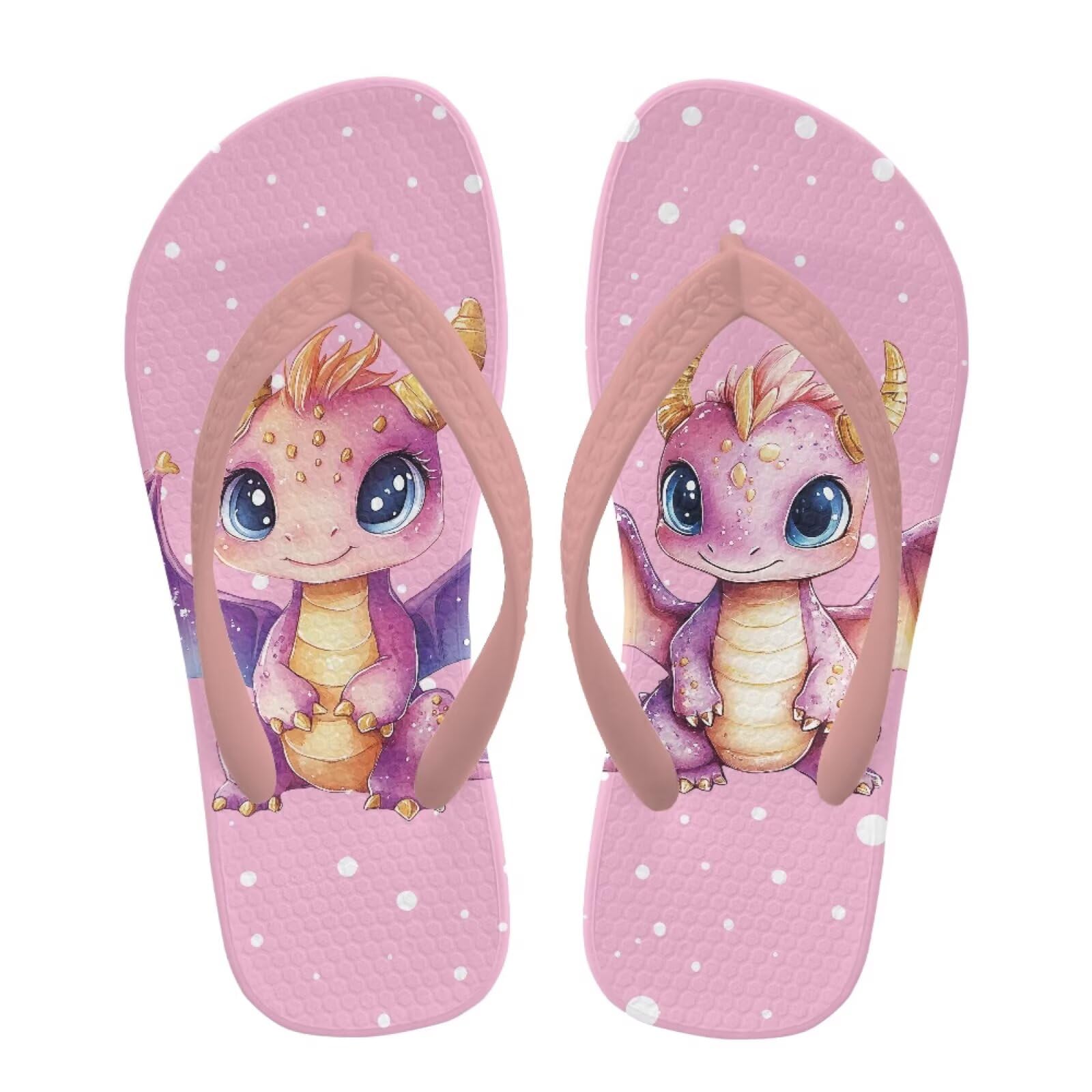 Watdotory Boys Girls Flip Flops Sandals Pink Cartoon Dragon Print Water Park Summer Beach Swim Pool Shoes for Kids Indoor and Outdoor Size 10