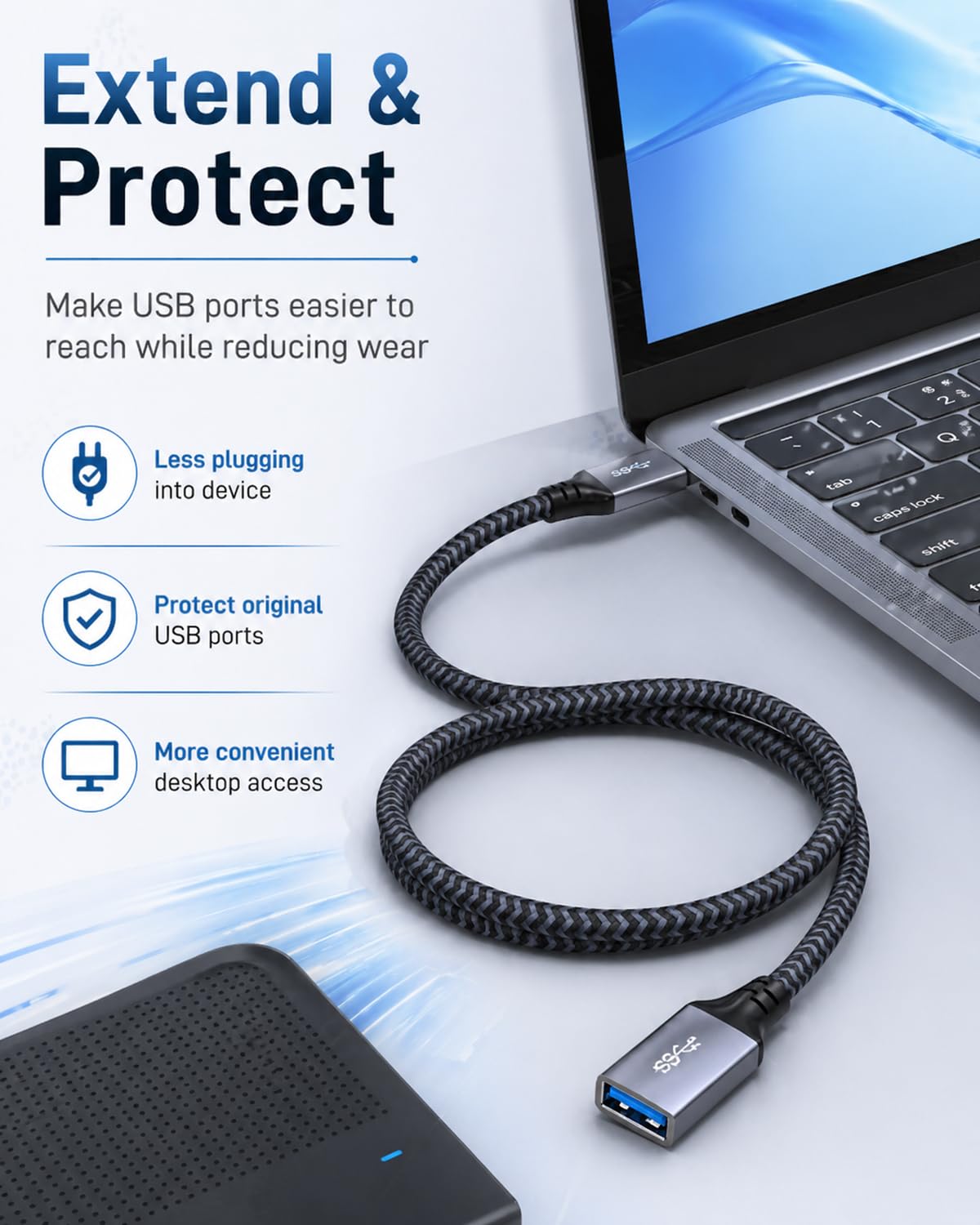 Câble d'extension USB 3.0 mâle vers femelle Matériau tressé durable Transfert de données élevé Compatible avec clavier, souris, clé USB, disque dur, imprimante 3 m