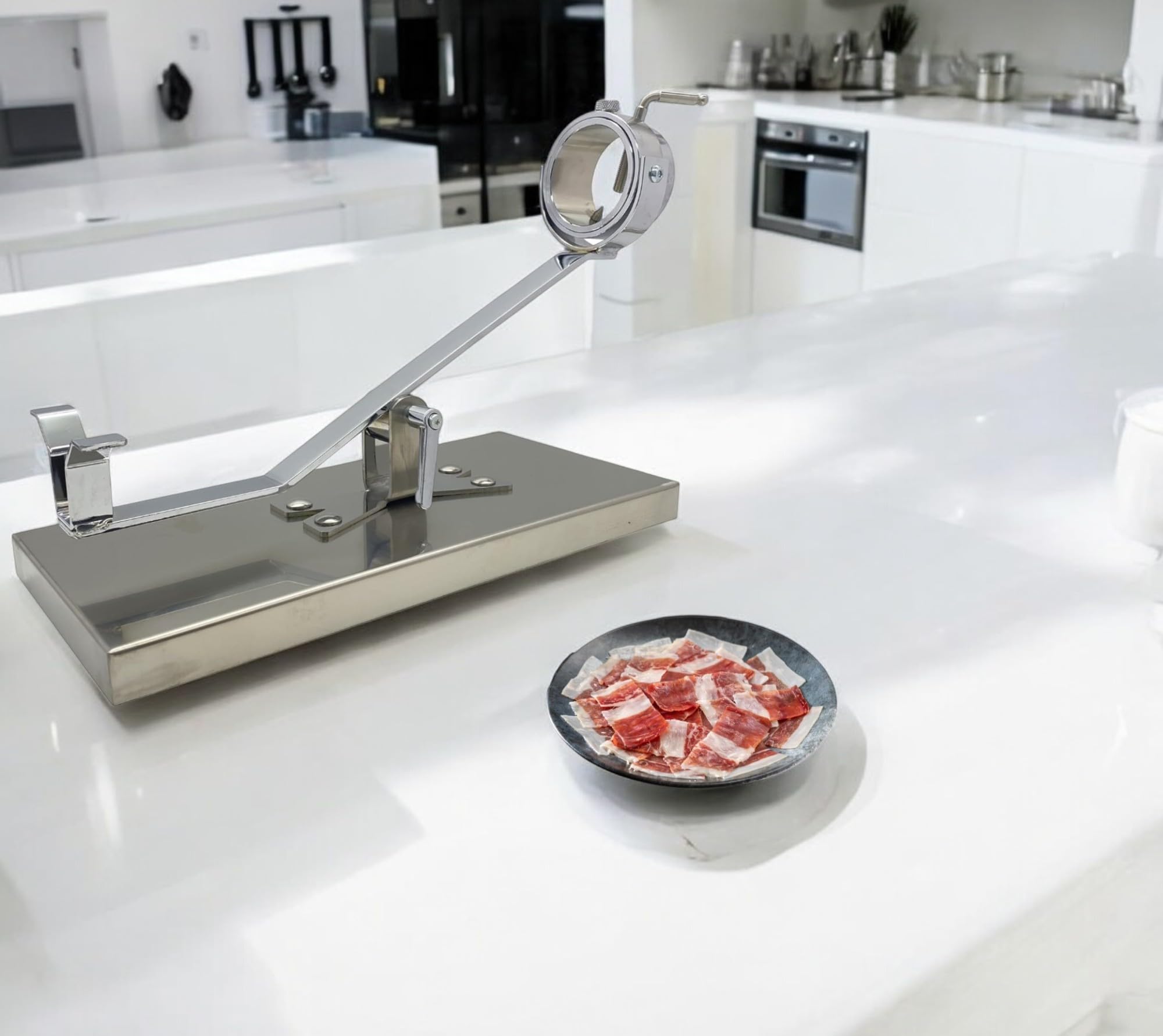 LepantoHouse Soporte Jamonero Future Basculante Giratorio Base Inoxidable para Jamones y Paletillas + Cuchillo Arcos Niza + CHAIRA + Cubre Jamon + Pinza (Inoxidable)