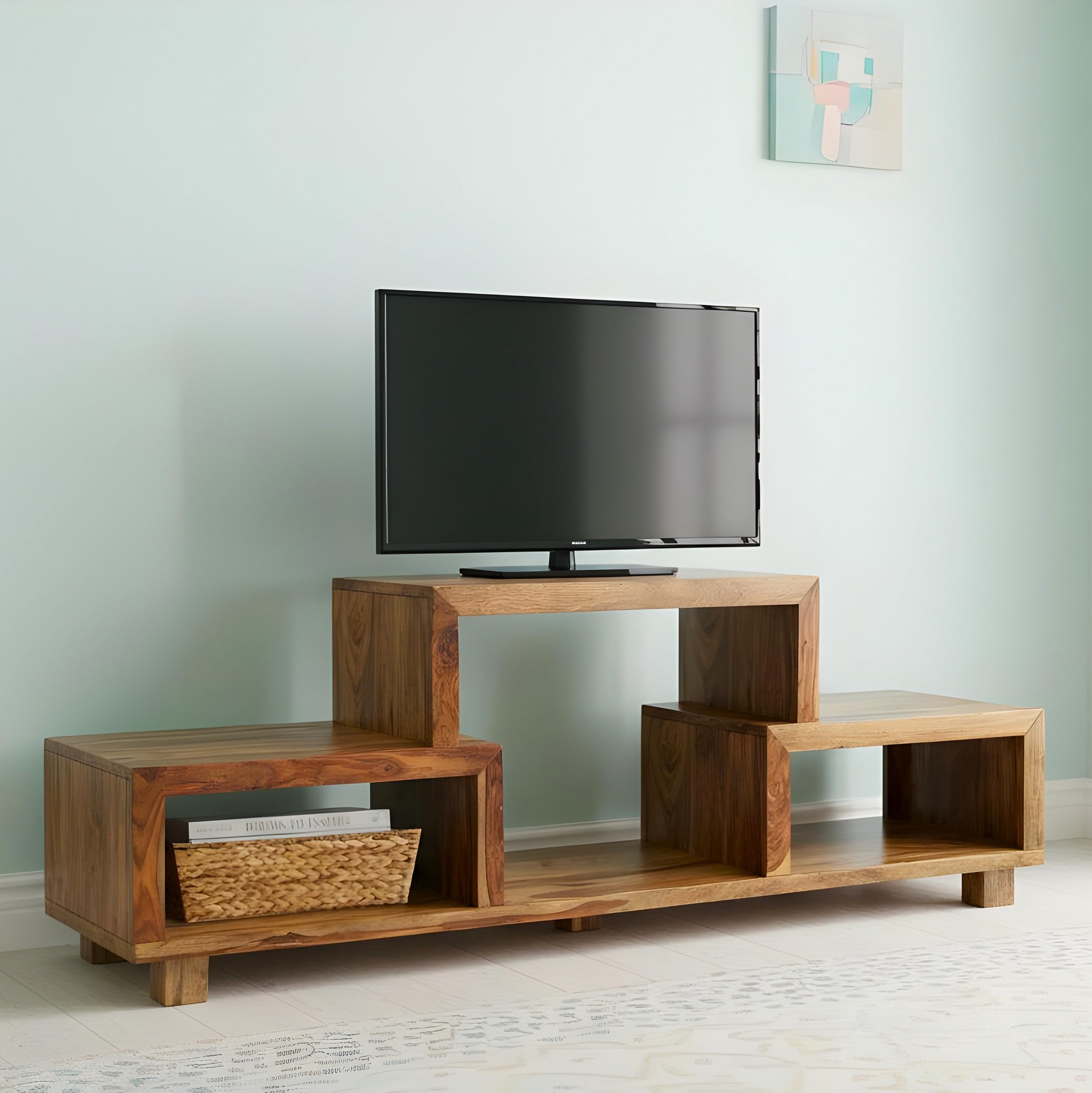 Ikiriya Sheesham Wood TV Cabinet with 3 Shelf Storage Wooden Television Entertainment Unit for Bedroom Living Room Home - (Teak Finish)-image-14