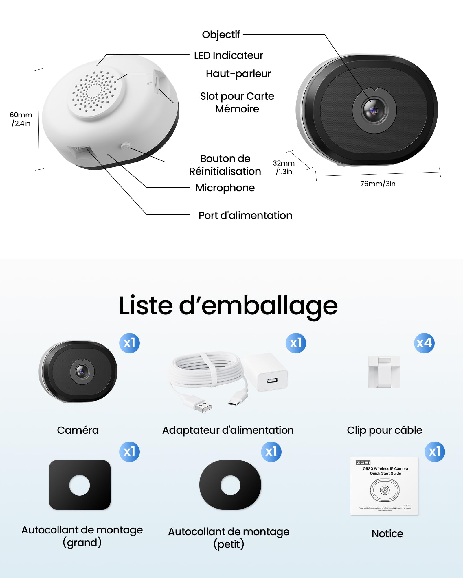 ZOSI Pack 1 Caméra Surveillance Fenêtre Intérieure Sécurité WiFi 2.4/5GHz | Vision Nocturne en Couleur Détection IA Humaine/Véhicule, Stockage Cloud/Carte Mémoire, C680