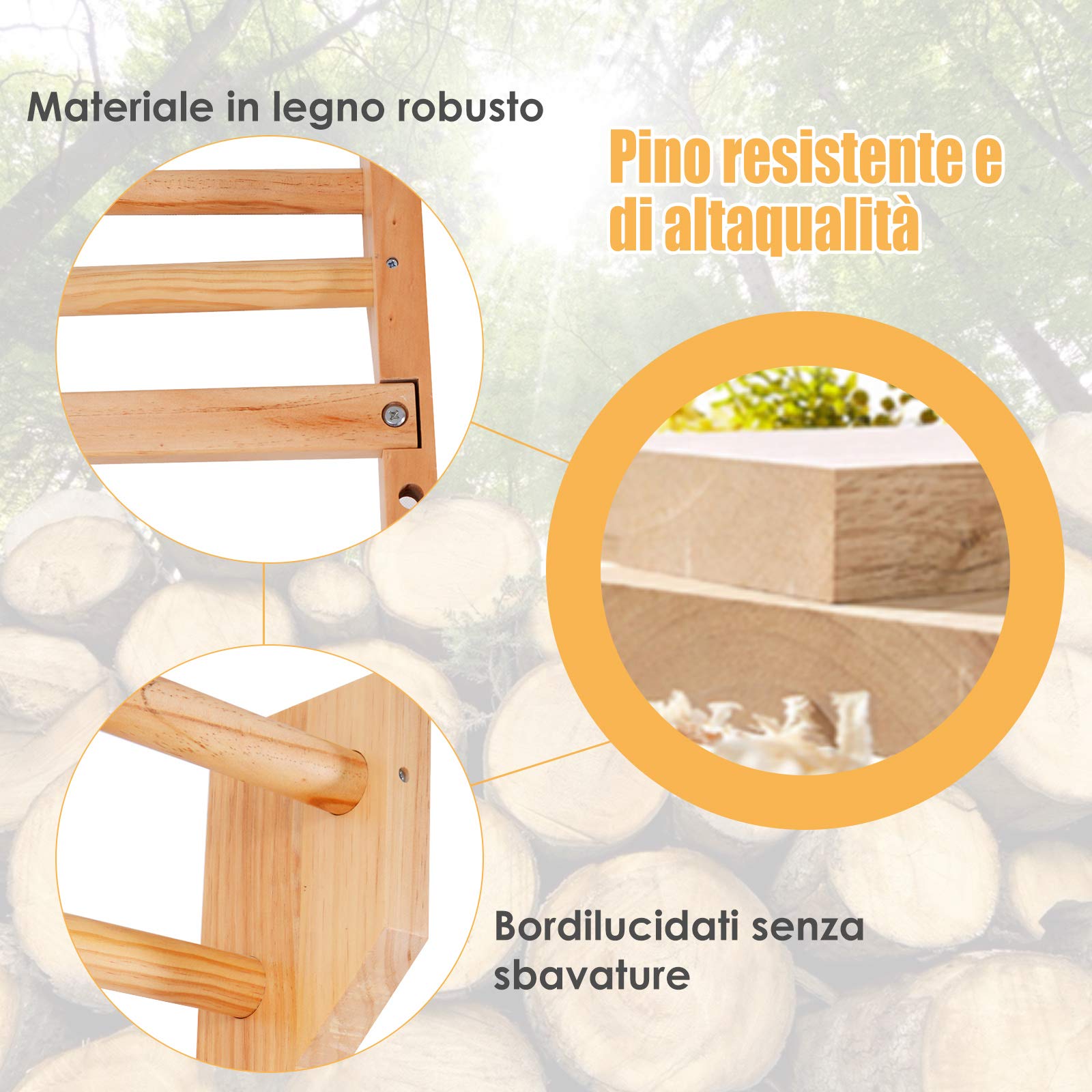 RELAX4LIFE Espaldera Gimnasio Casa de Madera Maciza de Pino con 10 Barras, Espaldera Madera de Pared para Niños y Adultos, Gimnasio Pared, Carga 150 kg, 195 x 80 x 14 cm
