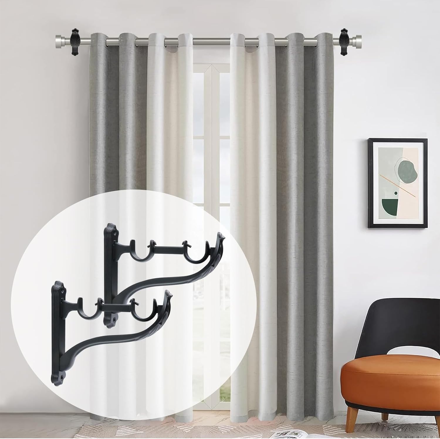HEVSTIL 4Pcs Heavy Duty Double Curtain Rod Brackets, Single Black Retro Wall Mount Brackets Vintage Design Fit for 1 Inch Drapes Rod Design with Screw,Black