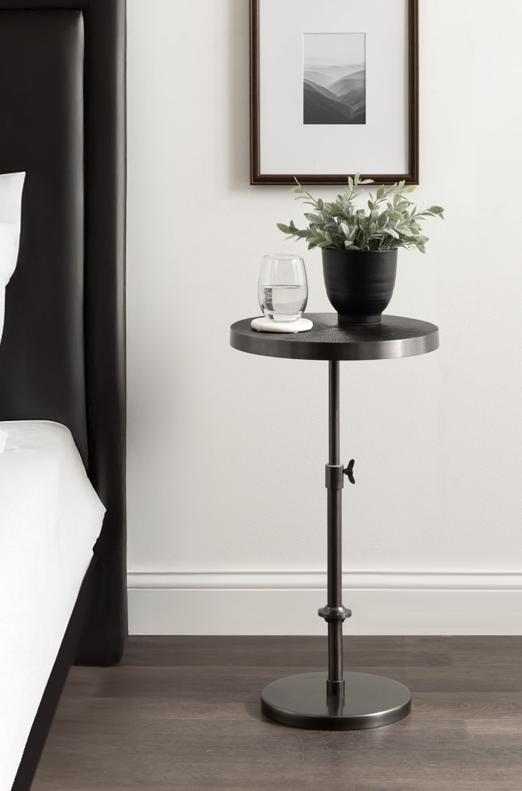 Kate and Laurel Engles Traditional Adjustable-Height Pedestal Side Table, 14 x 14 x 30, Metallic Black, Vintage Round Indoor Metal Plant Stand with Embossed Pattern for Use as Bedroom Nightstand