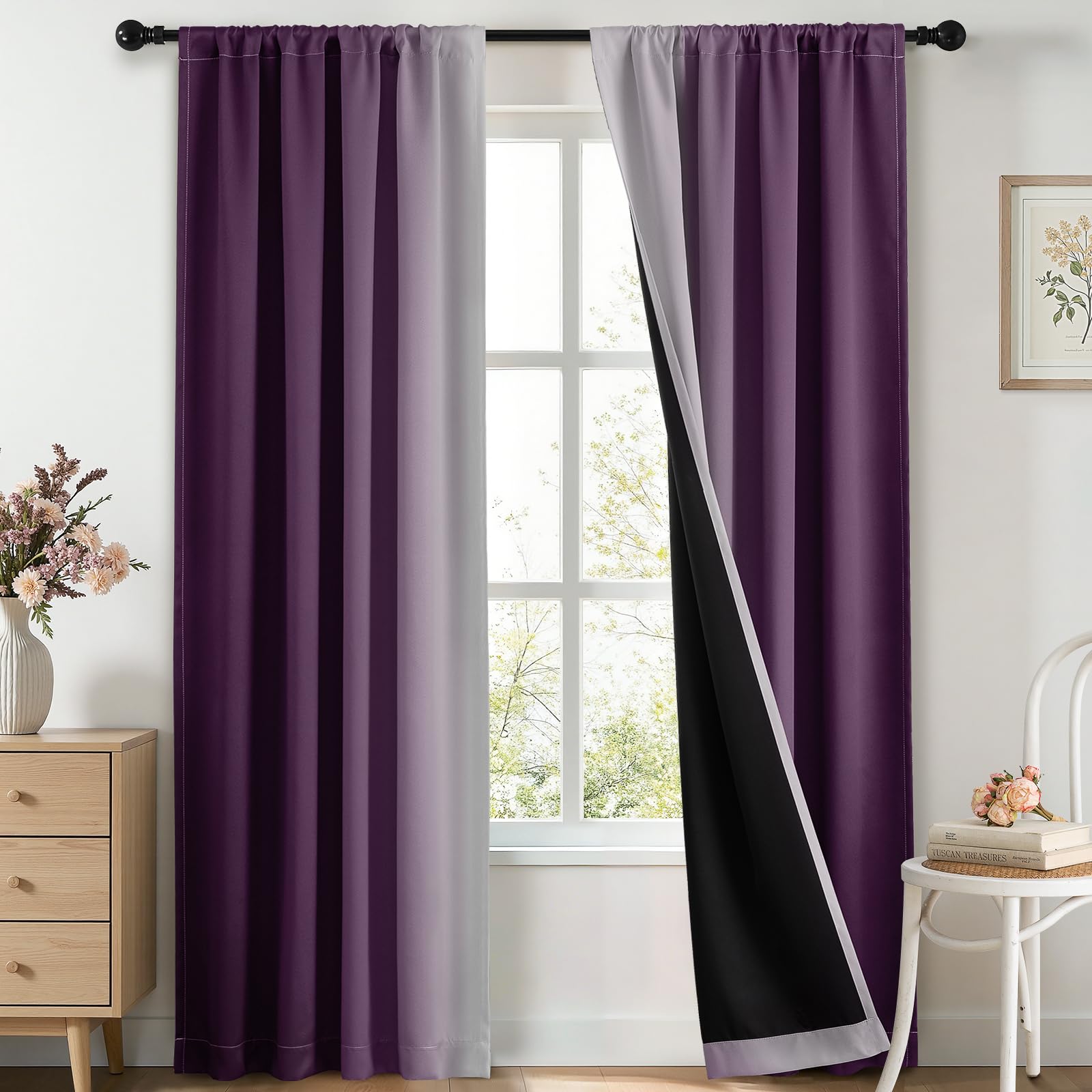 Yakamok 100% Blackout Curtains 84 inches Long, Room Darkening Purple and Greyish White Curtains Ombre for Bedroom,Gradient Rod Pocket Window Curtains for Living Room,2 Panels,42x84 inch — image 1