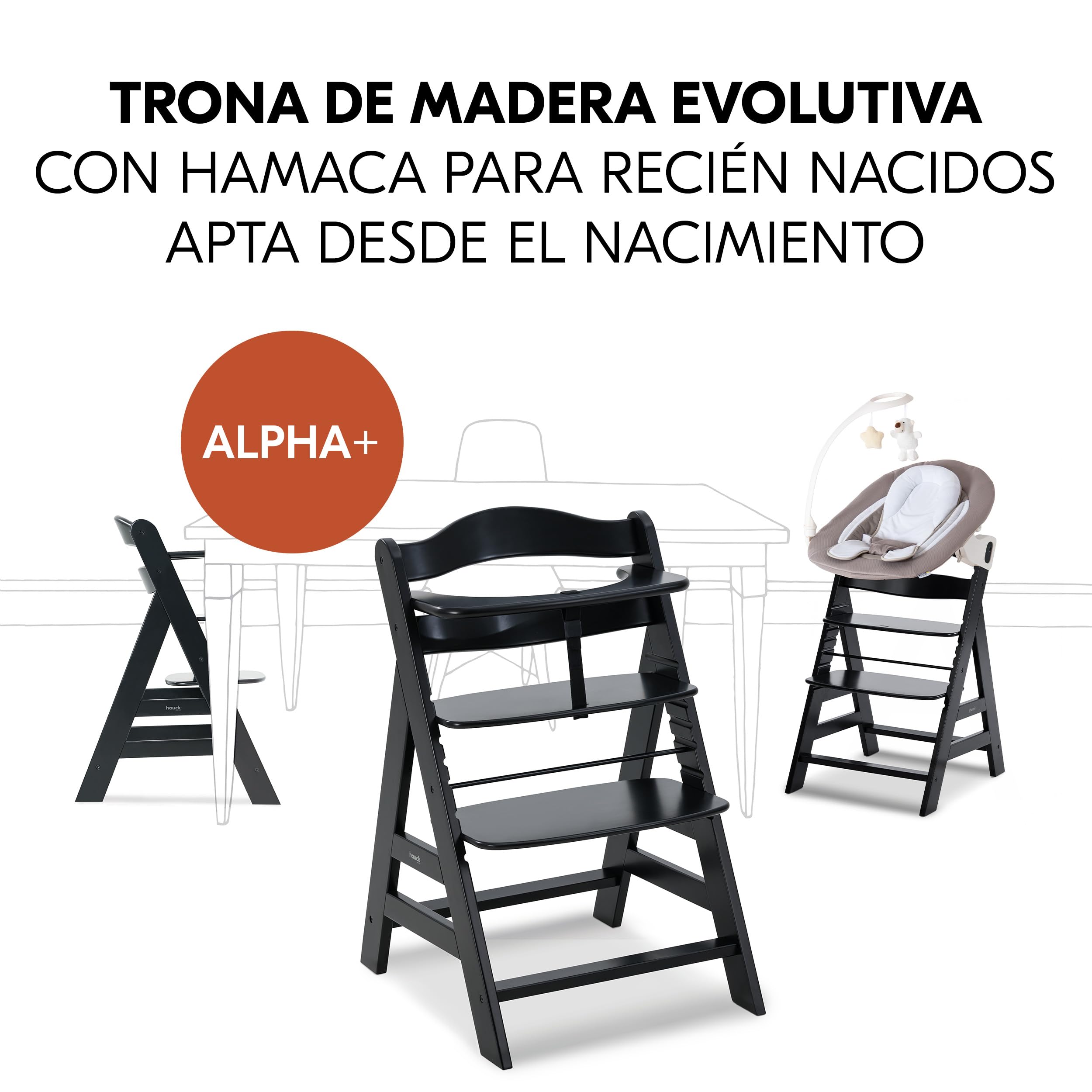 hauck Alpha Plus Newborn Set Deluxe Trona Evolutiva Bebe con Hamaca, Cojín y Arnés - Hamaca Alta Reclinable desde el Nacimiento - Silla Madera Niño Regulable - Tronas Infantiles de Madera - Negro | Trona de madera para niños desde el nacimiento hasta 90 k
