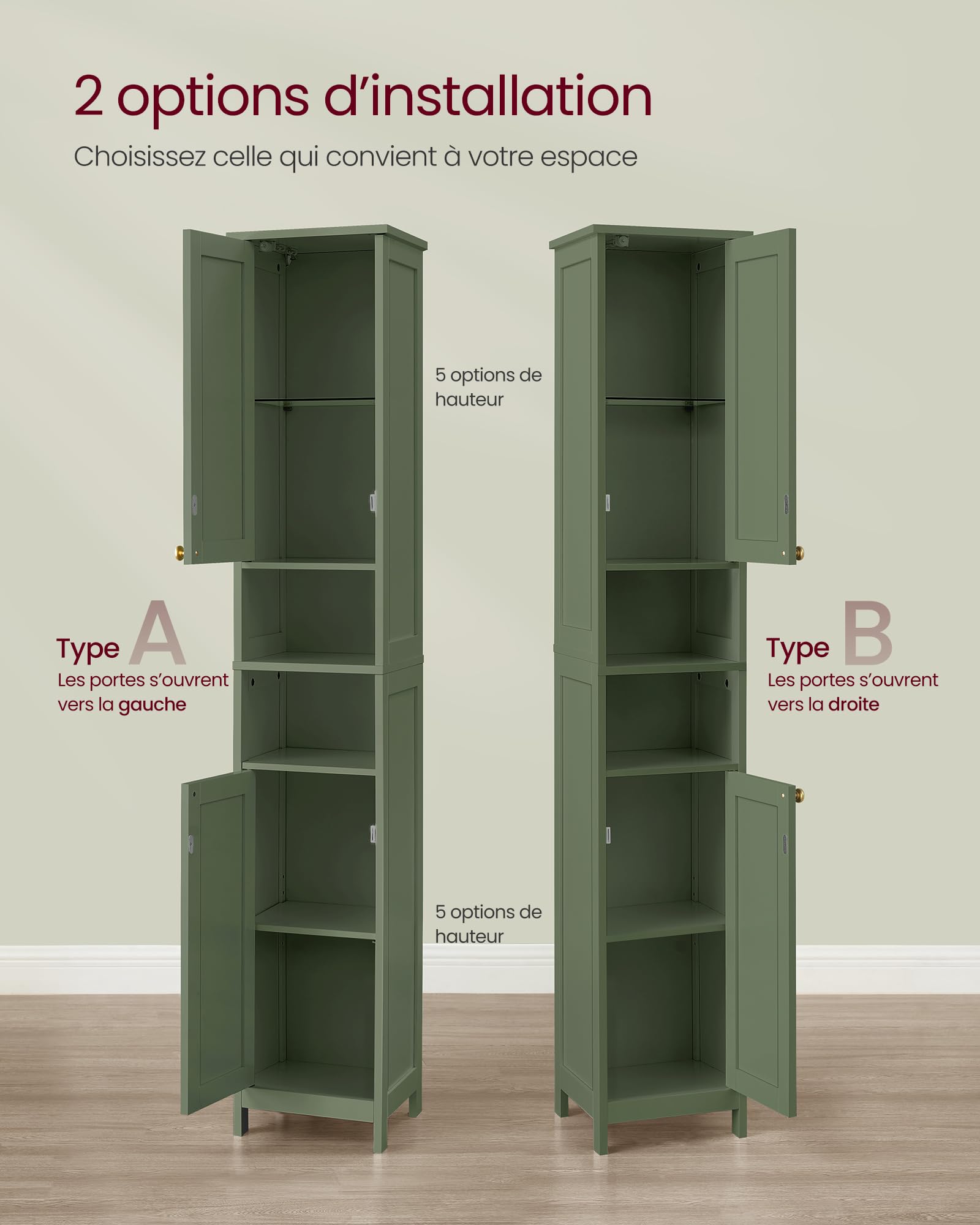 VASAGLE Armoire de Salle de Bain Haute avec Éclairage, Meuble de Rangement Mince, avec Étagères Réglables, Largeur 40 cm, pour Les Petits Espaces, Moderne, Vert Forêt BBC766CH03