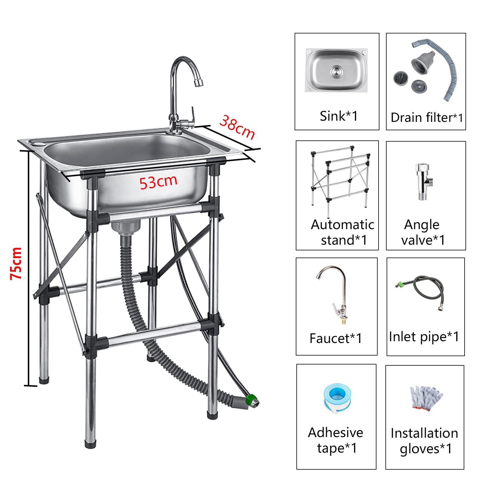Lavello Mobile da Cucina con Staffa Pieghevole, Rubinetto per Acqua Fredda da Esterno, Ideale per Garage, Campeggio, Barbecue ECC. (53x38 cm)