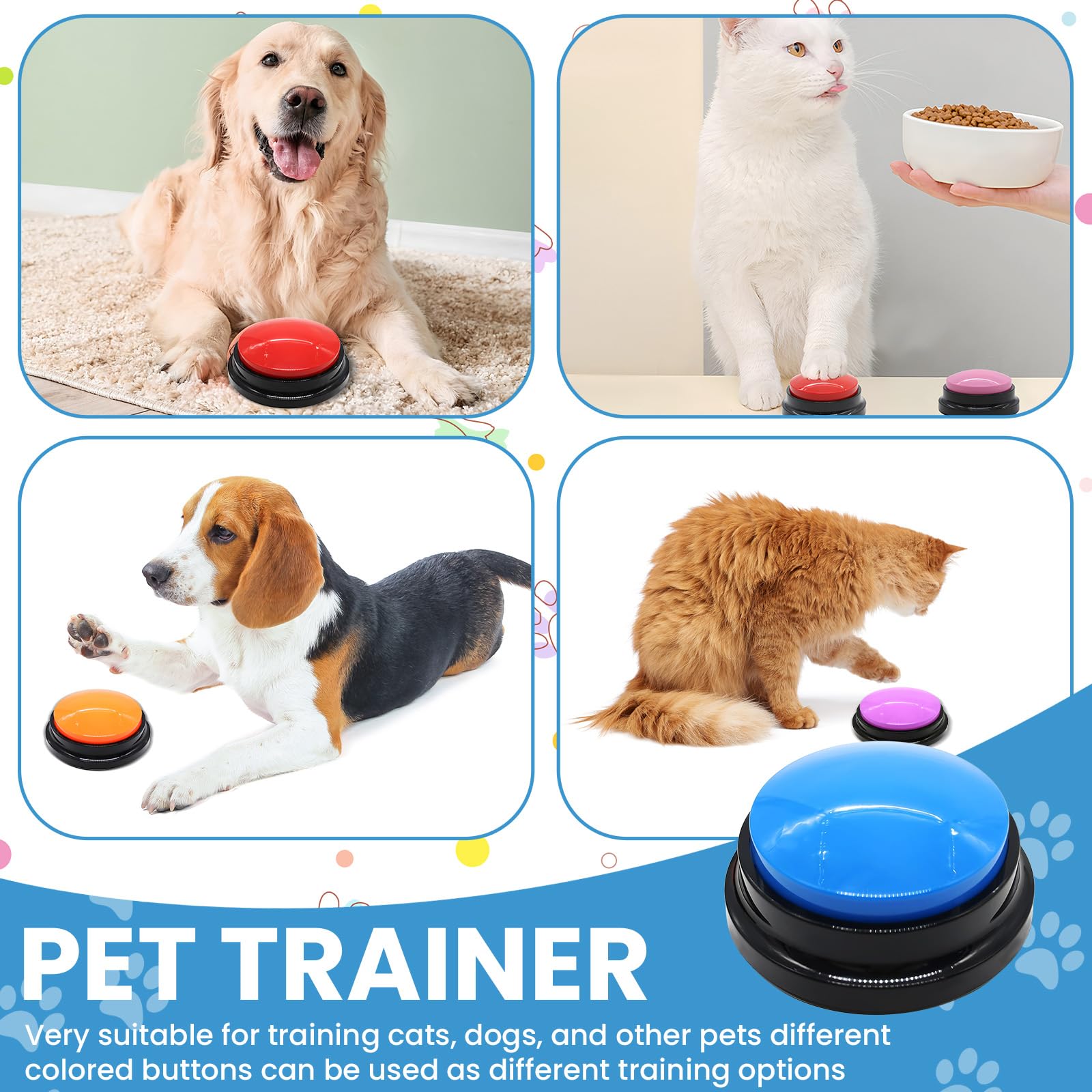 Mein HERZ Lot de 6 Buzzer Enregistrable, Bouton de Communication pour Chien Boutons pour Chien Buzzers pour Formation Chien Chat Jeux Maison,Enregistrement et Lecture de 30 Secondes