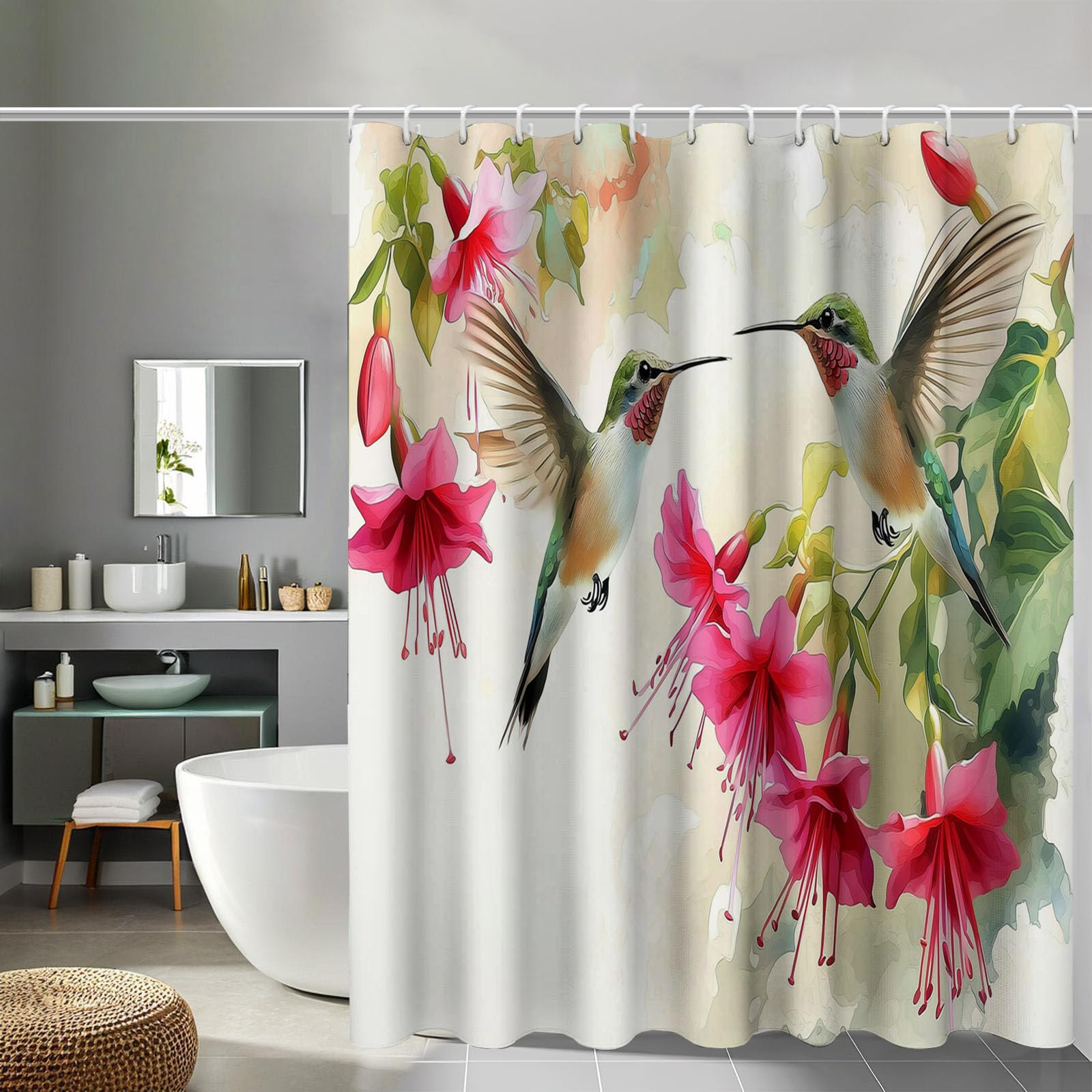 Rideau de douche lavable polyester colibri fuchsia 240x200 cm imperméable avec anneaux inclus