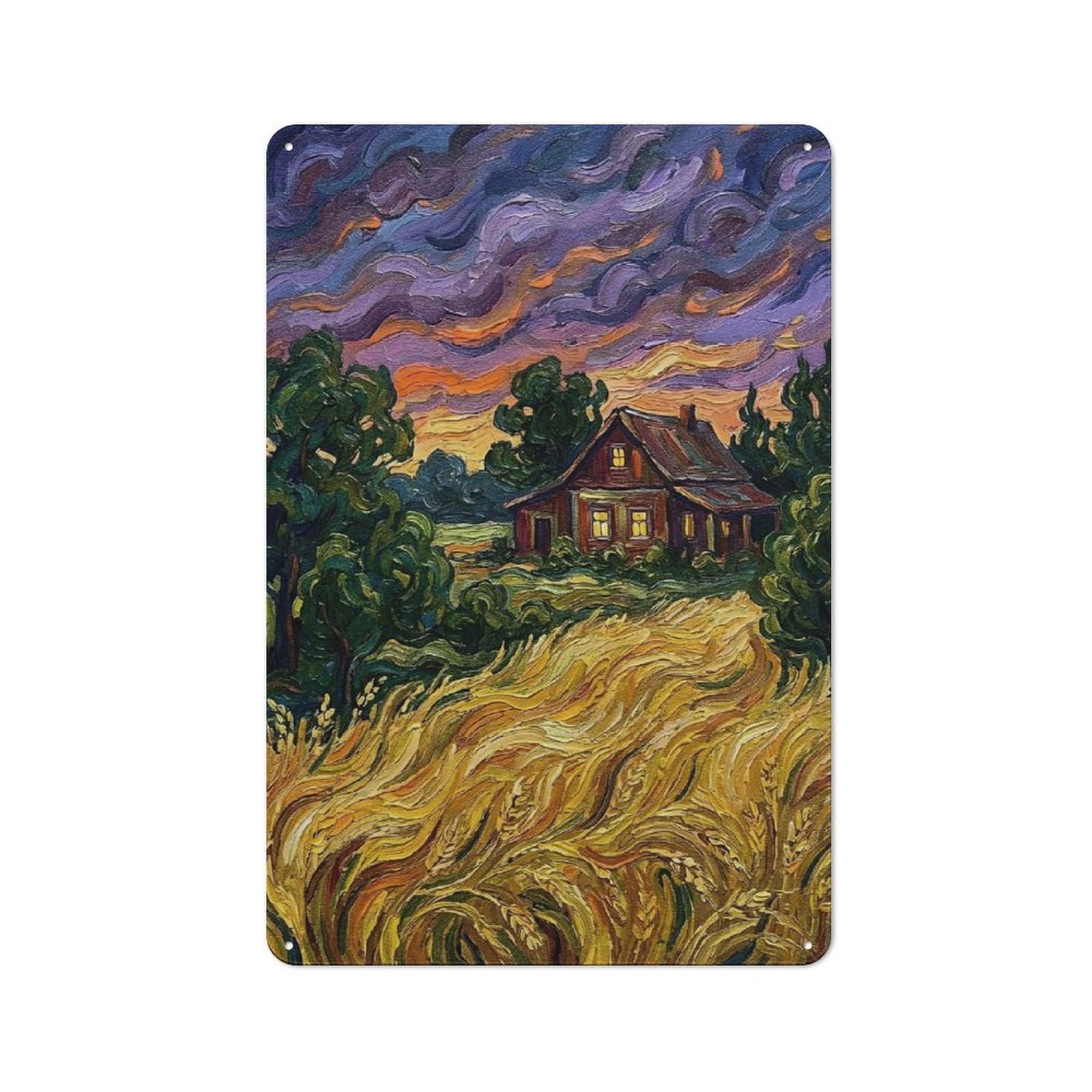 Junmoney Style-7 Barn Style Farmhouse Metal Sign 30X20cm Featuring Impressionist Painting Of A Rural Sunset, Cottage Wall Art For Kitchen, Cottage, Porch Or Garden Room