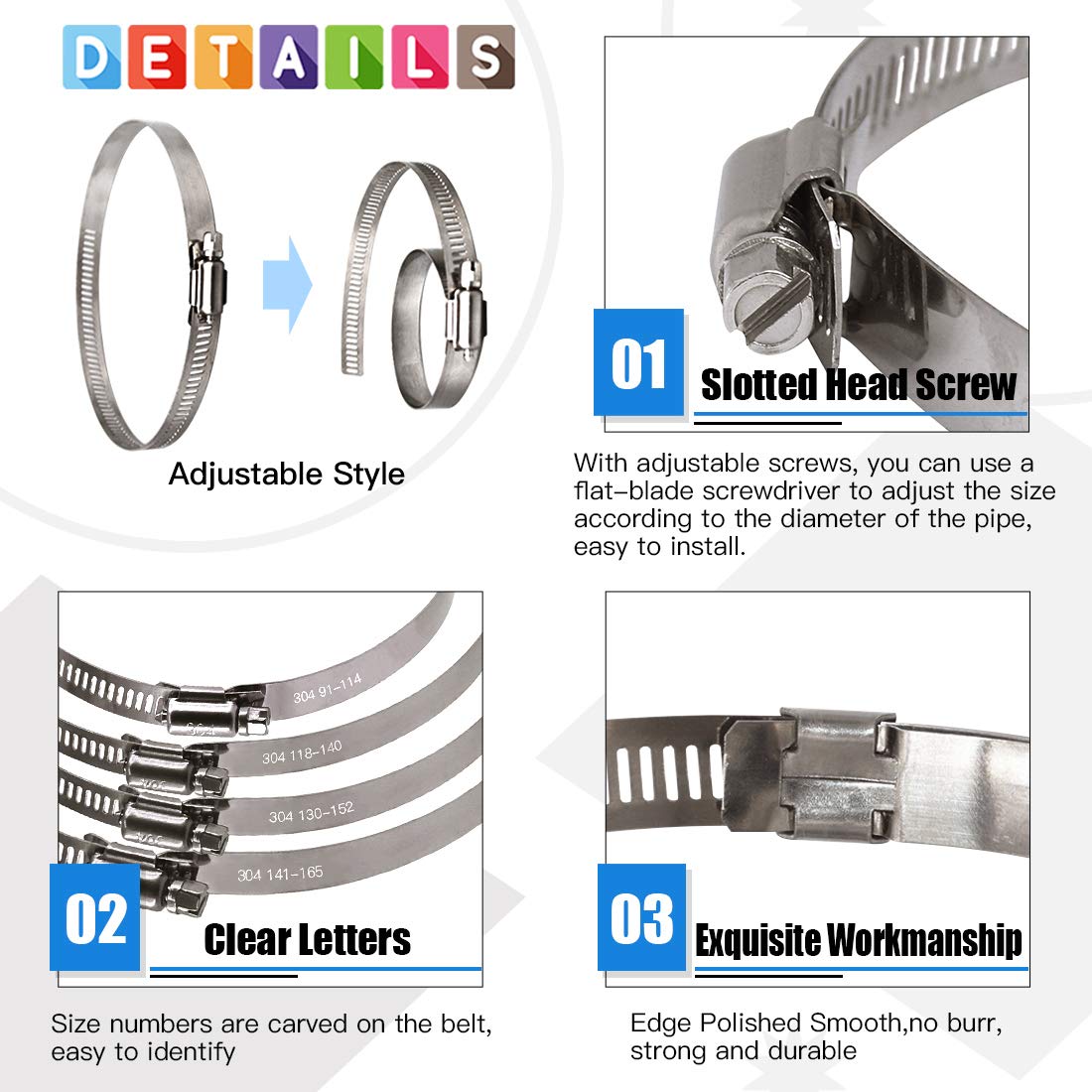 Glarks 15 Stück 52–76 mm Spannweite 304 Edelstahl verstellbare Schneckengetriebe-Schlauchschellen für Kraftstoffleitungsschellen für Wasserleitungen, Sanitär, Automobil- und mechanische (52–76 mm)