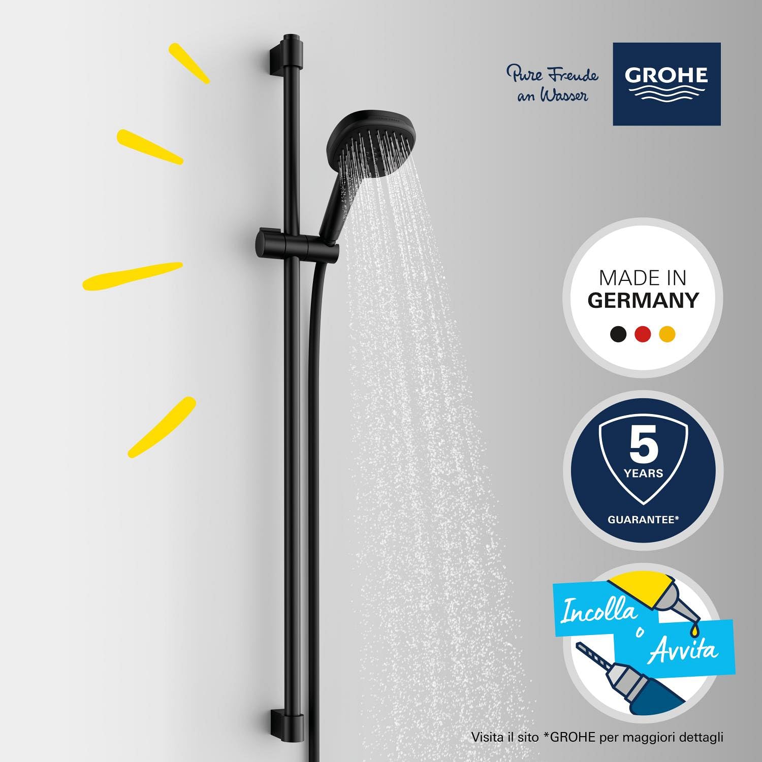 GROHE Vitalio Comfort 110 QuickFix - Set doccia (Doccino Doccia quadrata 11 cm, 2 getti, flessibile doccia da 1,75 m, asta da 90 cm, facile da installare con GROHE QuickGlue), nero opaco, 269302431