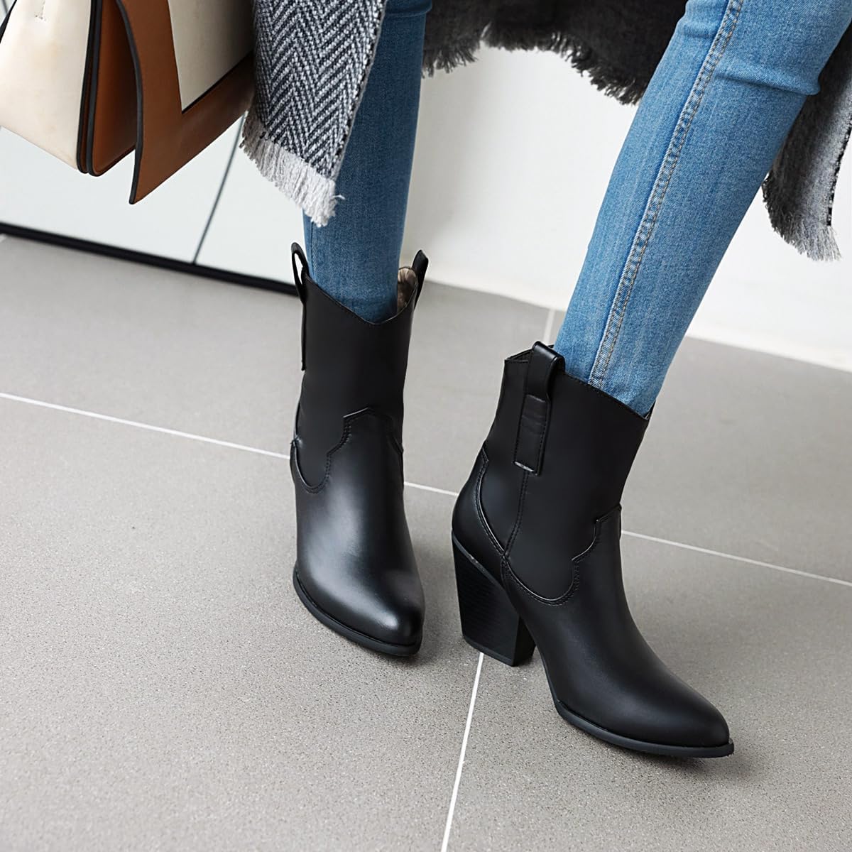 Women's Western Cowboy Ankle Boots Pointed Toe Pull On Chunky High Heels Cowgirl Dressy Short Booties