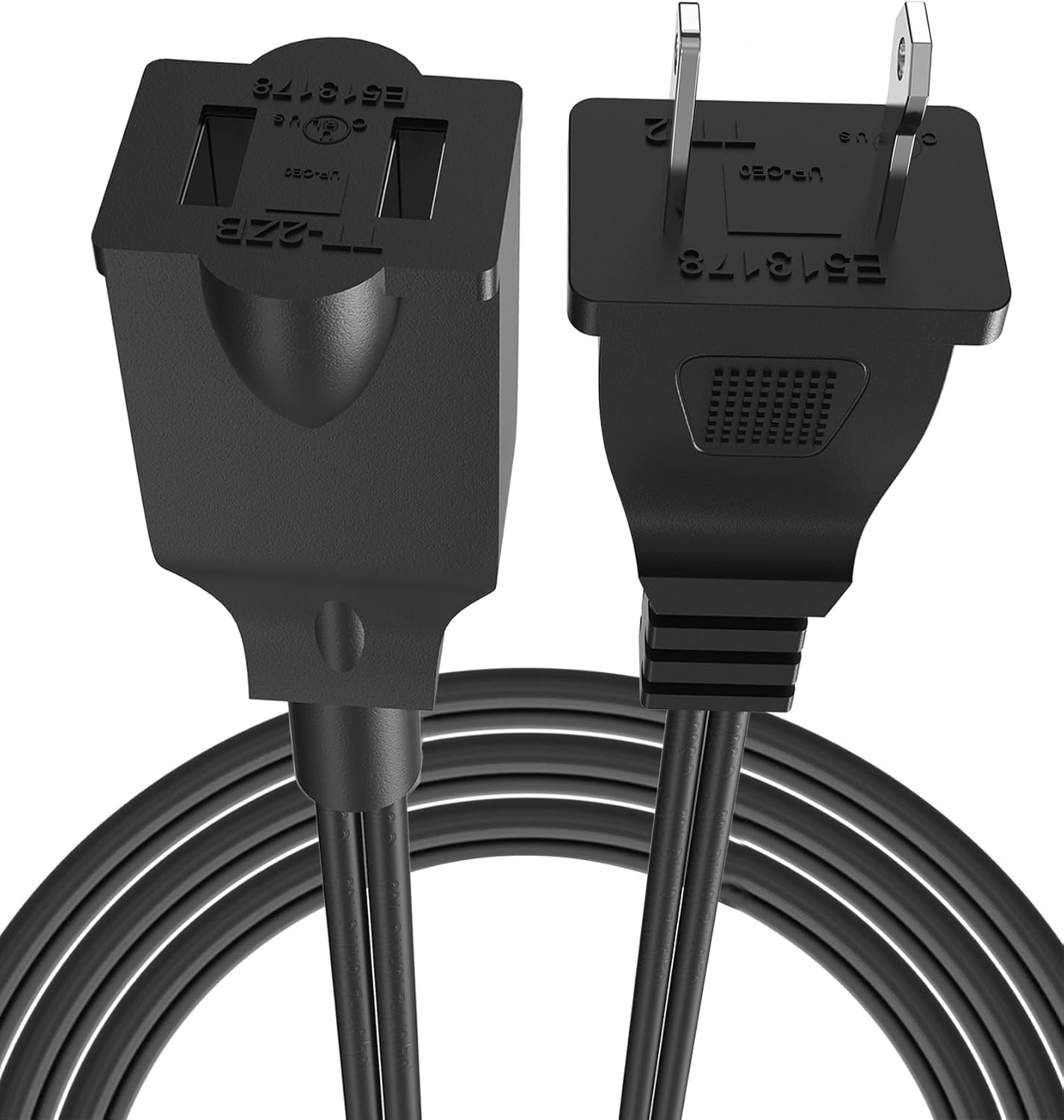 2 Prong Extension Cord, US Male and Female Power Cable (1 Pack, Black, 5 Feet)