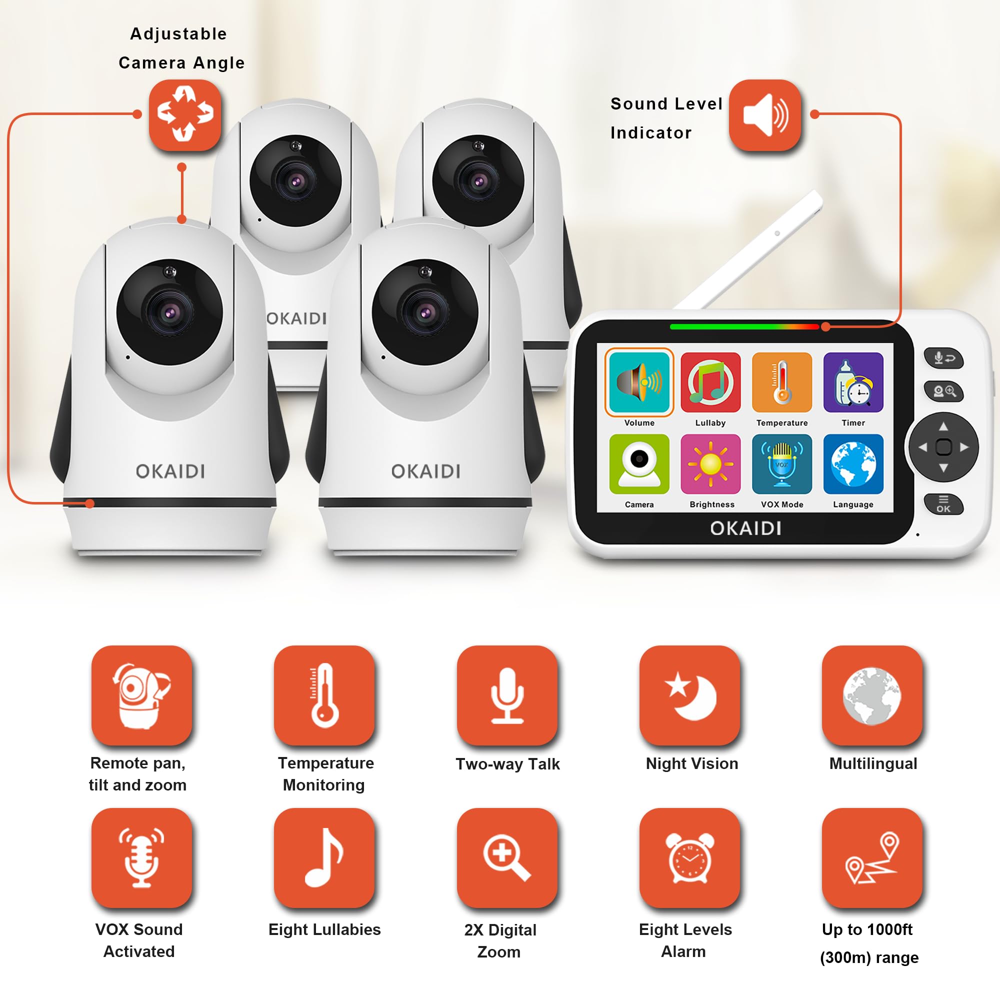 OKAIDI Baby monitor video con 4 telecamere, schermo da 5 pollici Baby Monitor No WiFi, batteria 30H e portata 304,8 m, telecamera per bambini Pan-Tilt-Zoom, conversazione a 2 vie, 8 ninne nanne, baby