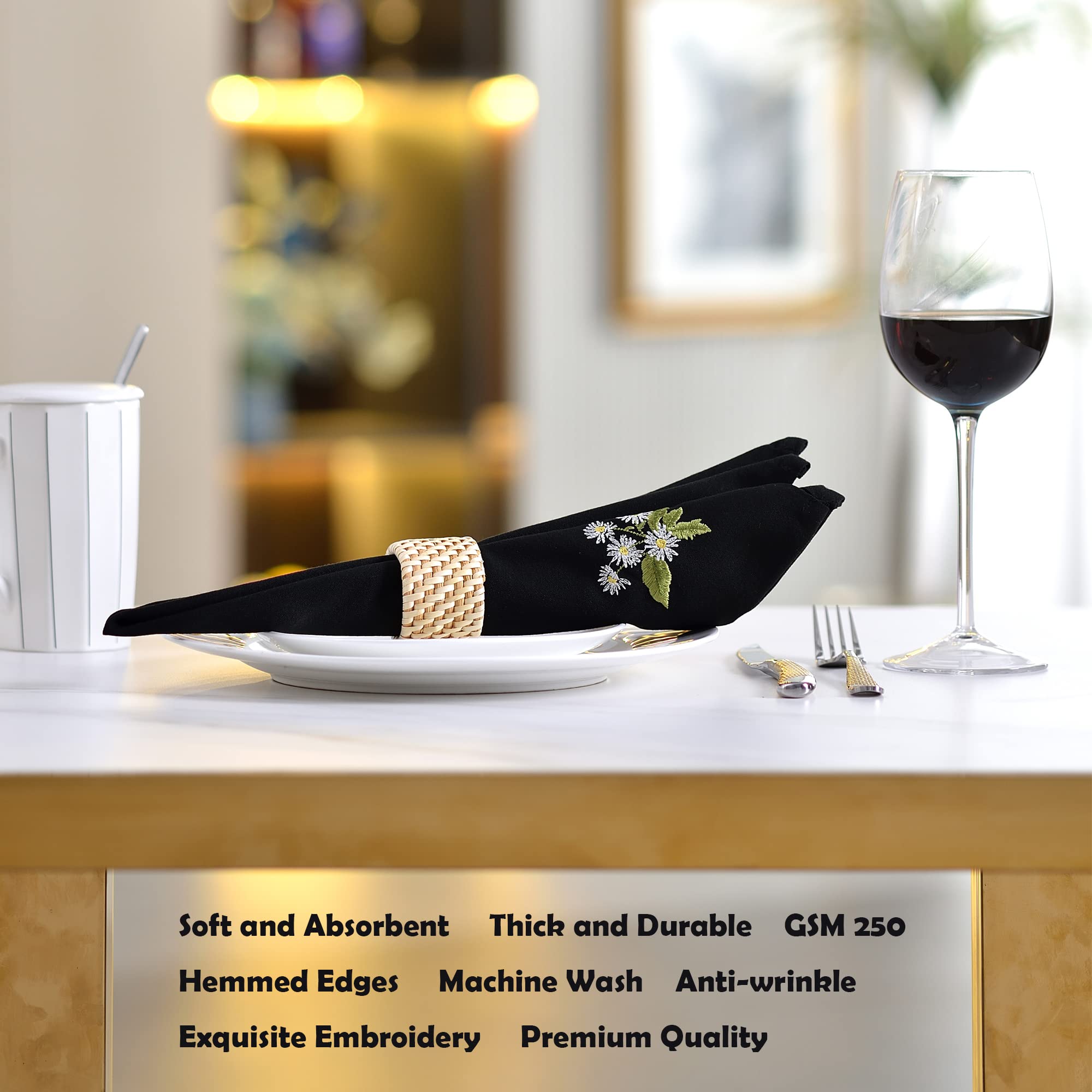 Alevel Cloth Napkins 20x20 Inch 12 Pack, Embroidered Table Napkins, 250 GSM Thick Absorbent, Soft Washable Dinner Napkins (Black)