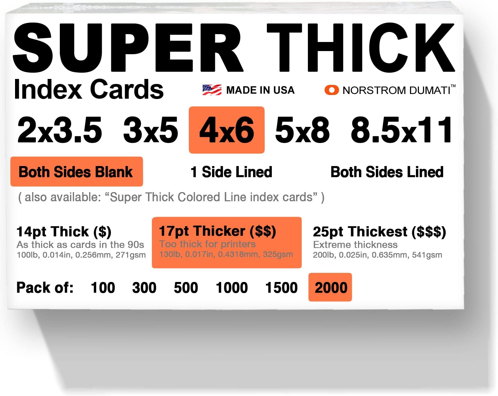 2000 SUPER THICK index cards / 4"x6" / 17pt (0.017") 100lb / blank un-ruled/archival acid-free in bulk