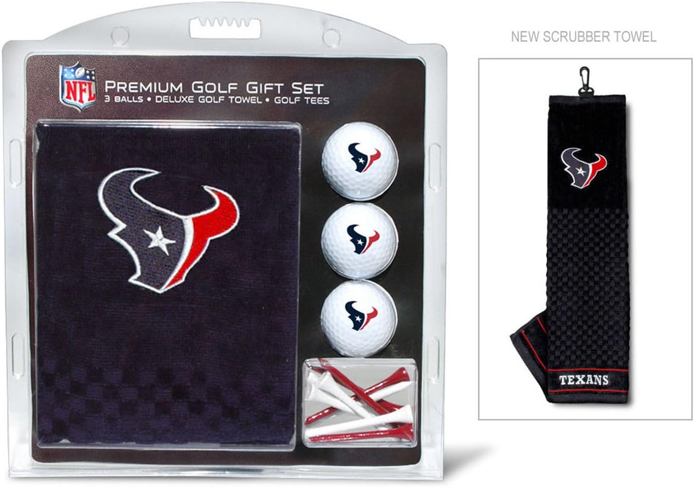 Team Golf NFL Houston Texans Gift Set: Embroidered Golf Towel, 3 Golf Balls, and 14 Golf Tees 2-3/4" Regulation, Tri-Fold Towel 16" x 22" & 100% Cotton