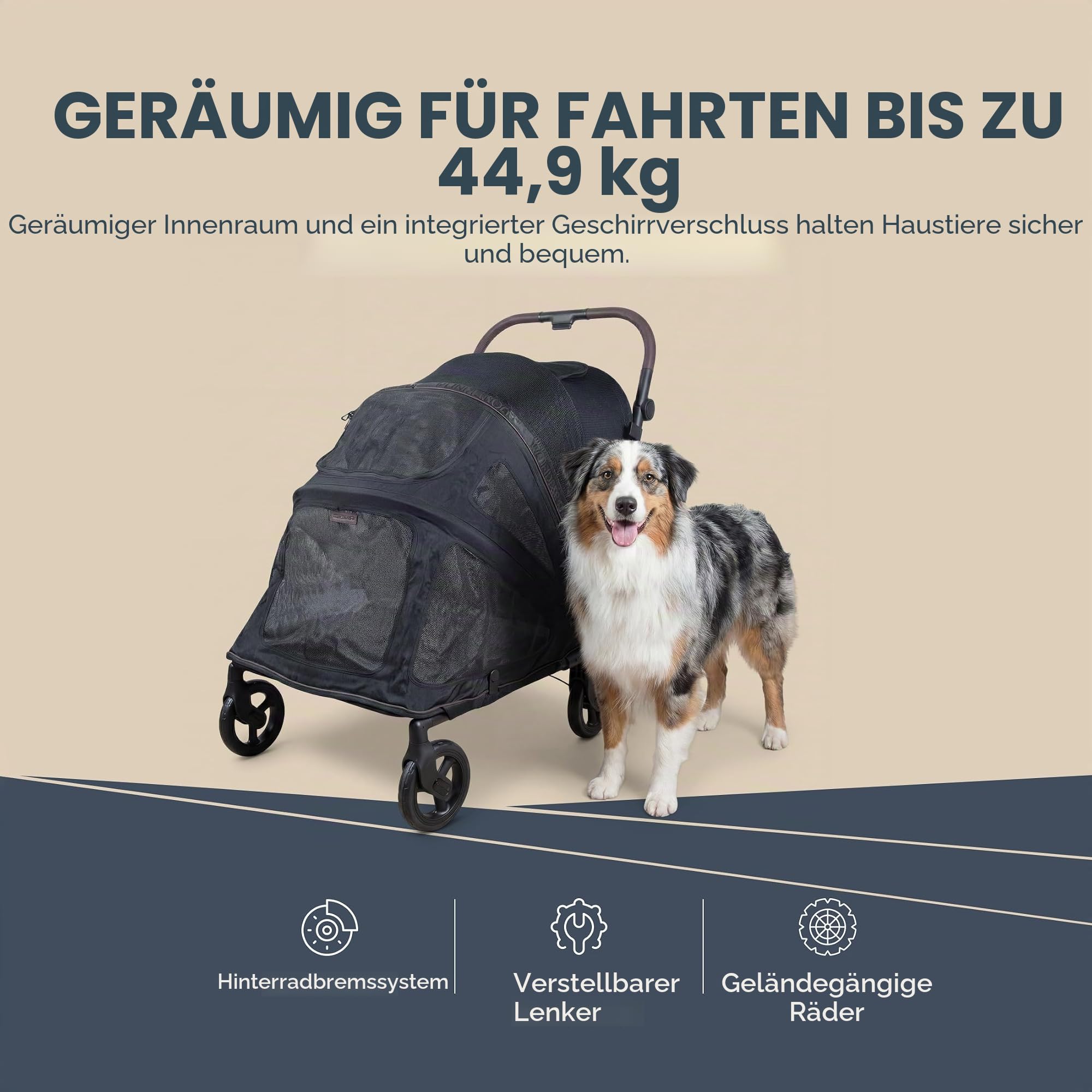 Wonderfold PFL Pet Large Premium Flat Fold Stroller – faltbarer Hundebuggy bis 45?kg, All?Terrain Räder, großer Einstieg, atmungsaktive Netze, flach faltbar – Jet Black