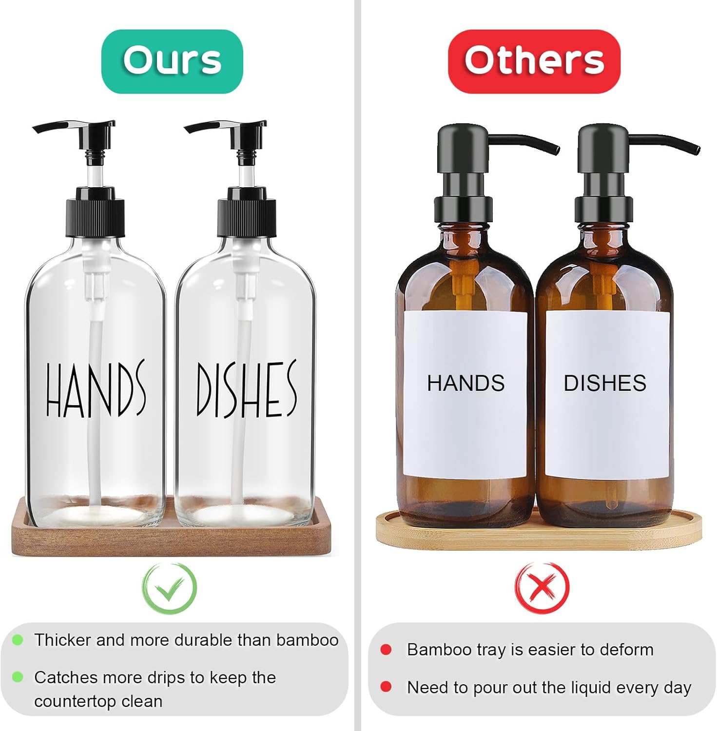 ALELION Glass Soap Dispenser with Pump - 16 OZ Clear Dish and Hand Soap Dispenser Set with Acacia Wood Tray for Kitchen Bathroom - Modern Liquid Pump Bottles - Image 8