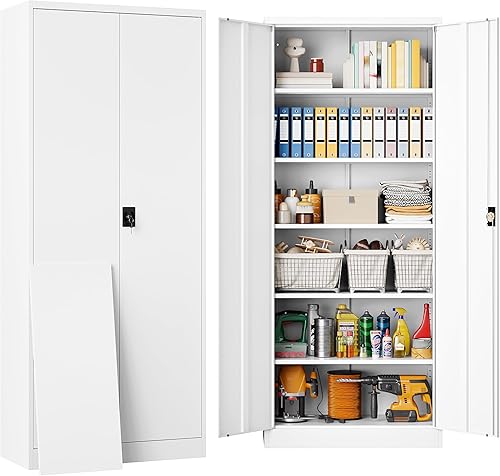 SISESOL Armario de almacenamiento de metal blanco con 5 estantes ajustables, gabinete de metal de 71 pulgadas de alto con puertas con cerradura,