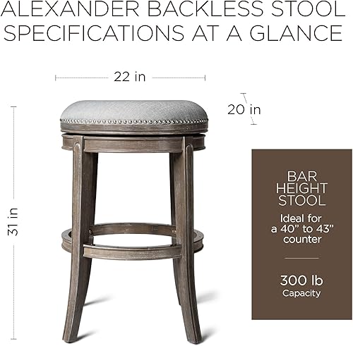 Miniatura 2 de Maven Lane Alexander - Taburete de bar giratorio de 31 pulgadas de altura de barra con acabado de roble recuperado con asiento tapizado de tela gris